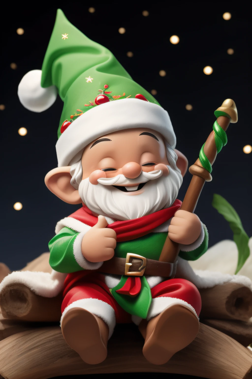 Duende do papai noel, sorrindo, com olhar feliz, estilo bem fofo, segurando um pacote de presente, infinitos detalhes, high-definition details