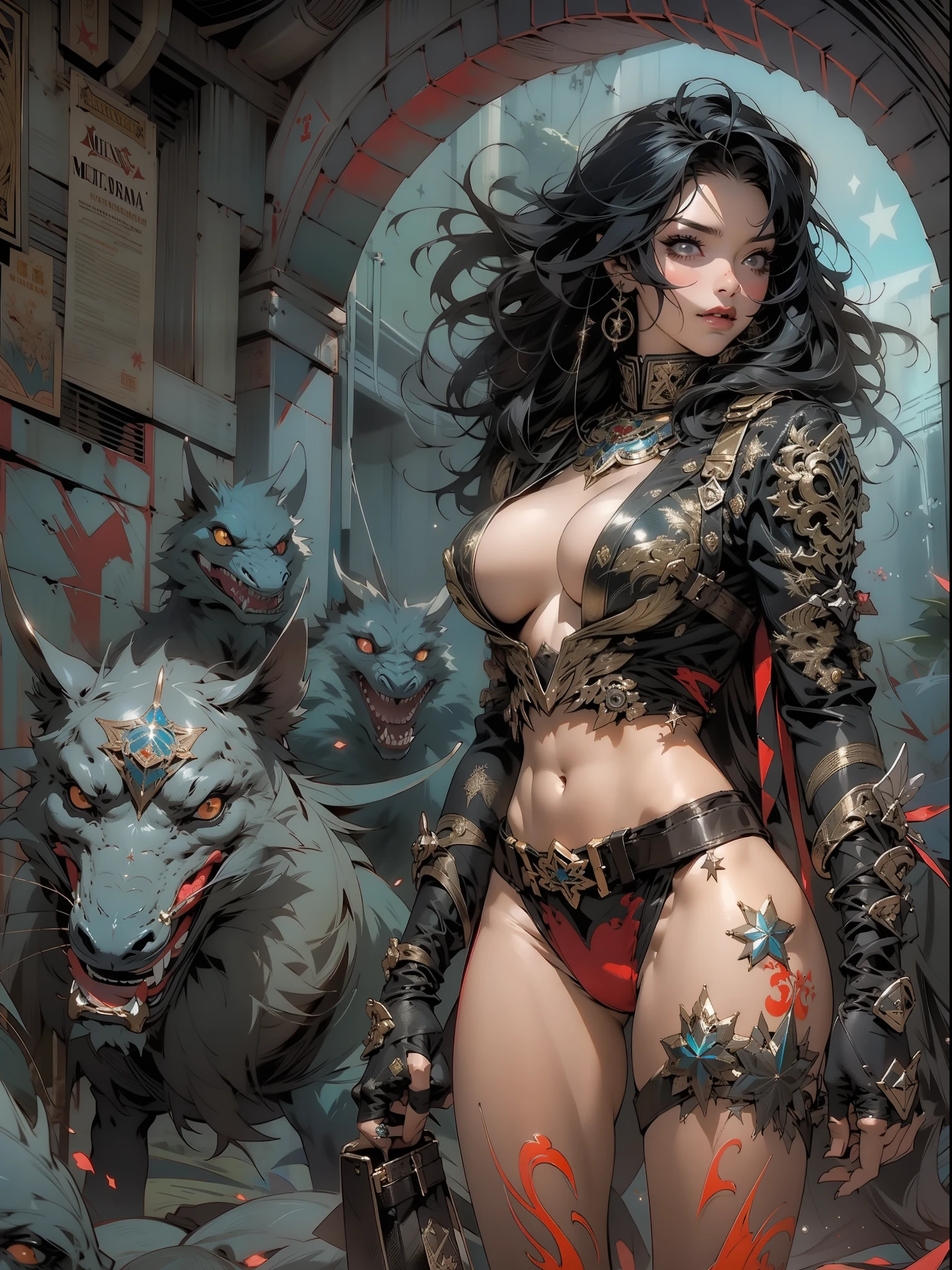 (((mulher))), (((melhor qualidade))), (((obra prima))), (((adulta))), Uma guerreira mulher de 35 anos com corpo perfeito, She-Lobo, (( under boobs )), ((( micro saia ))), ((( cinta liga ))), quase nua no estilo selvagem urbano de Simon Bisley para a capa da revista Heavy Metal, cabelo loiro, Minimum clothing, armadura (vermelho escuro com estrelas brancas), cheio de pontas e rebites manchadas de tinta, tatuagem de estrelas de 5 pontas, (((corpo inteiro))), cabelo preto curto com franja branca cobrindo a testa