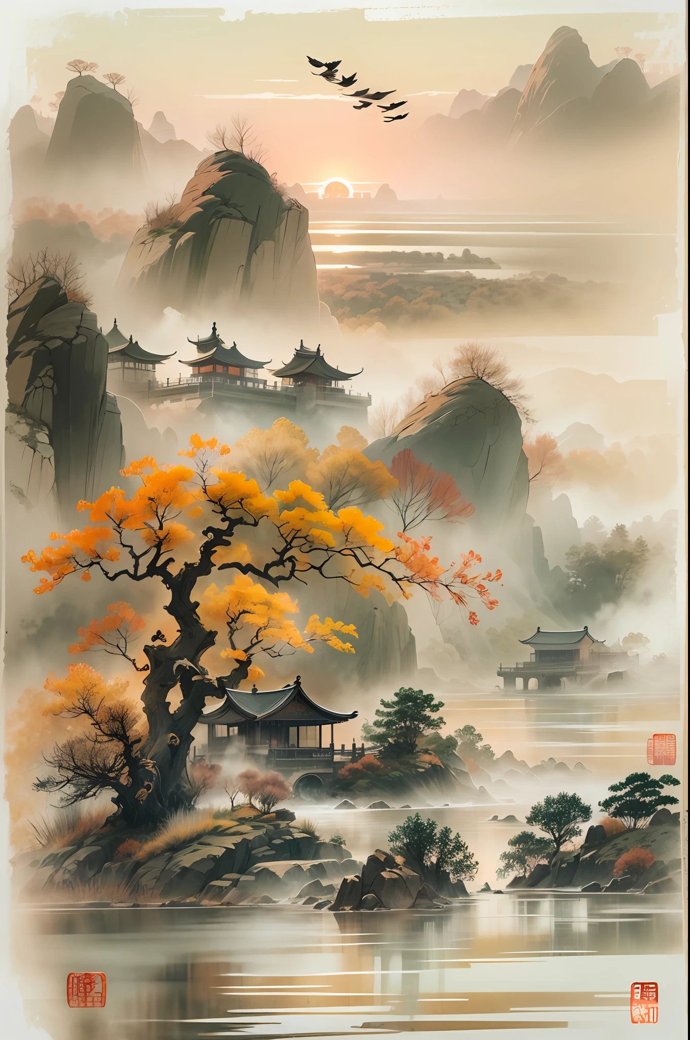China ink painting,ink,the setting sun,Wild geese flying in the sky in the distance,The autumn water is the same for a long time,The beauty of ancient poetry,