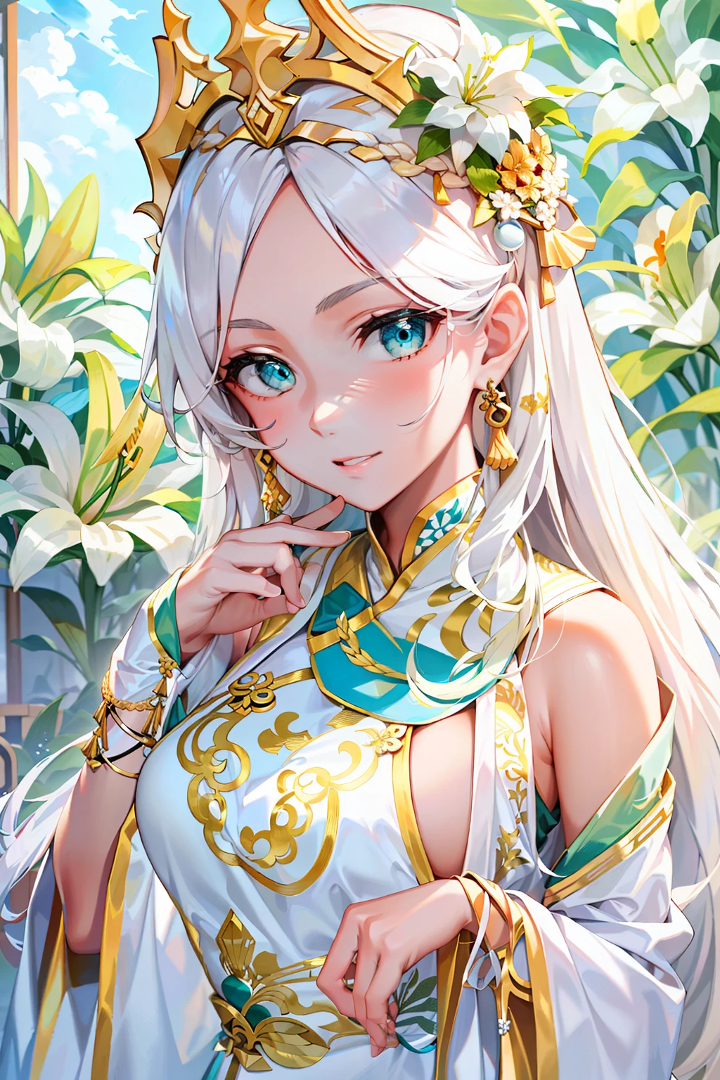 beautiful age girl，white color hair，Turquoise eyes，White Chinese costume，Noble clothes，golden hair accessory，In lilies