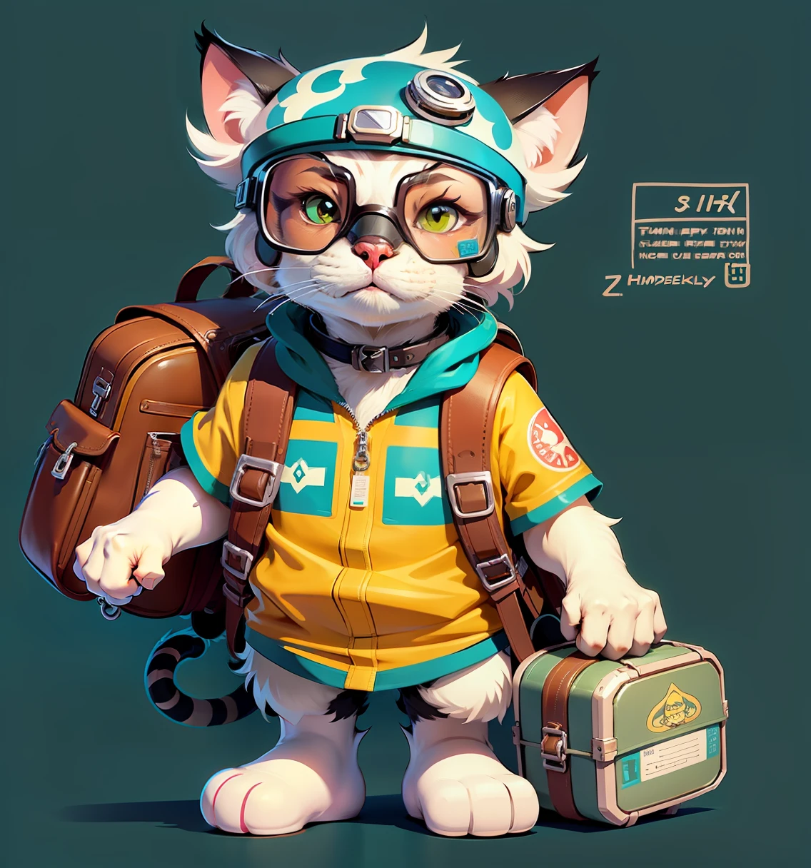 Sketch of a cat with a backpack and goggles, Highly detailed character design, Cartoon concept art, line work concept art, comic character design, senior concept artist, detailed character art, Stylized character design, character concept explorations, very stylized character design, Official concept art, official character illustration, high quality character design, Stylized concept art, anthro concept art