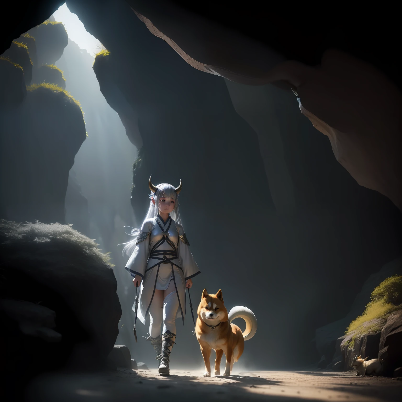 rays of sunshine、Outside the cave、((Cute girl from dragon tribe with silver hair with horns、Bondage costumes、Walking with a Shiba Inu))、Close-up photos、Volumetric fog、Halation、、Dramatic atmosphere、central、thirds rule、