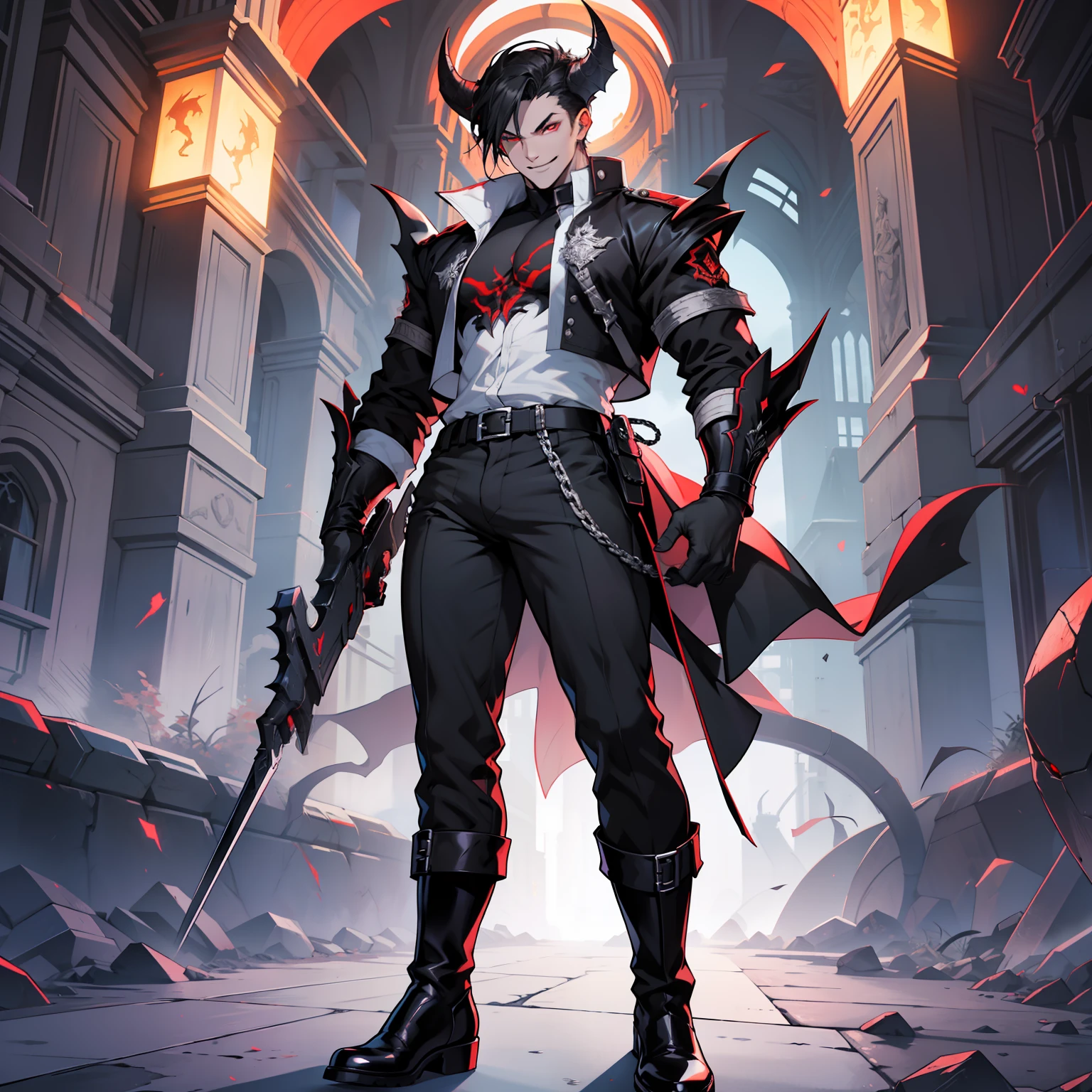 Valus is an ordinary demon standing at 1.75m tall. He has short black hair and red eyes. His skin is pale. He wears a black uniform with a white shirt underneath and black boots. Big bulge in pants. Flirty smile