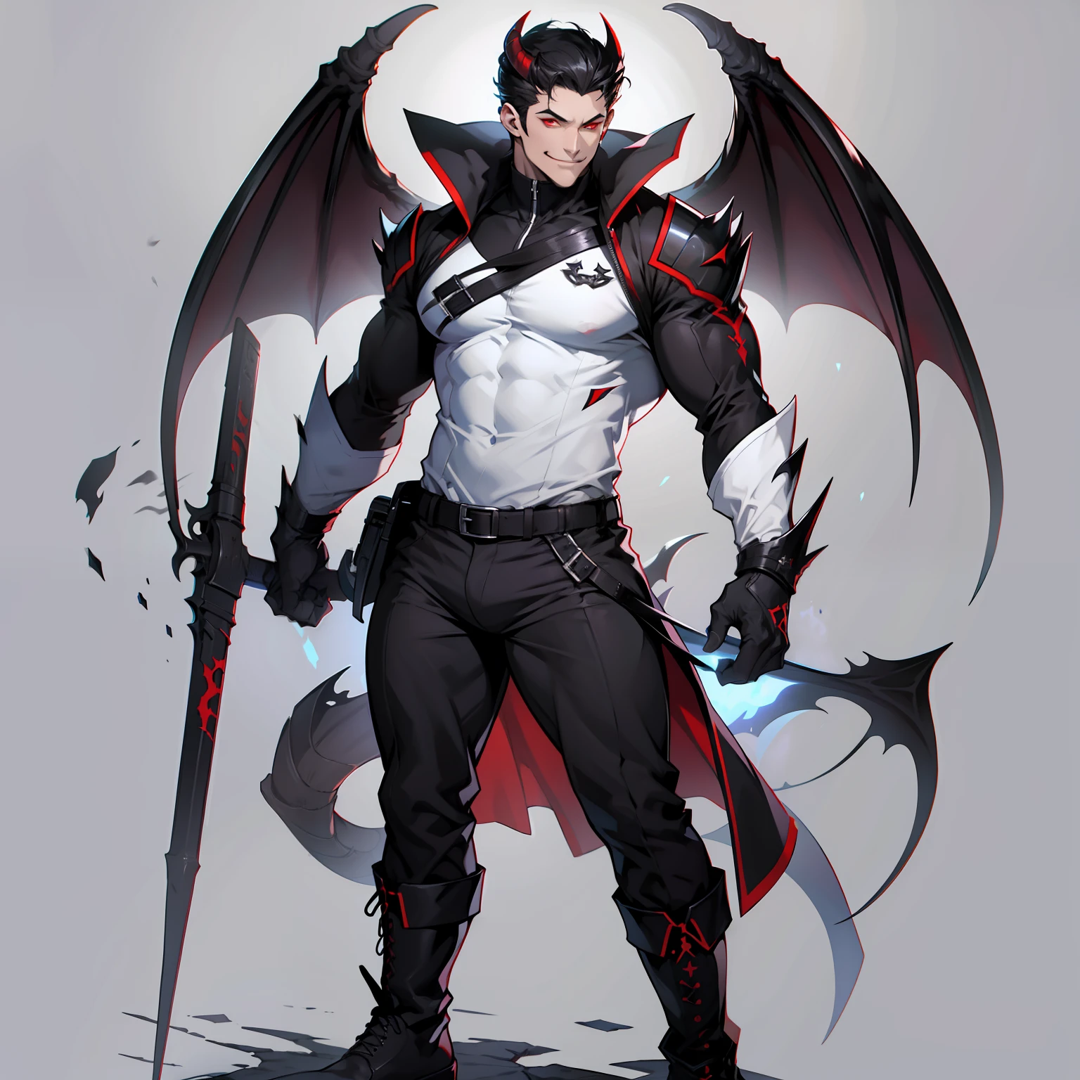 Valus is an ordinary demon standing at 1.75m tall. He has short black hair and red eyes. His skin is pale. He wears a black uniform with a white shirt underneath and black boots. Big bulge in pants. Flirty smile
