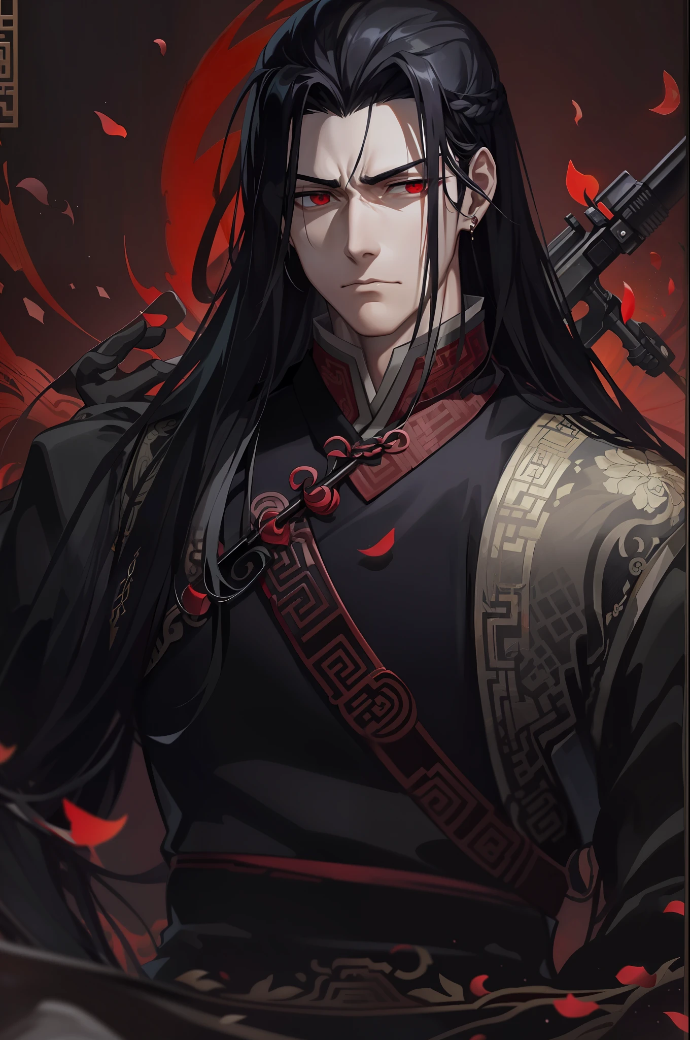 Handsome male,Elegant Chinese black clothing,Long black hair,red color eyes,The expression was melancholy,The chin has a contour,8K分辨率,grand master,Long gun in hand,The hair was long