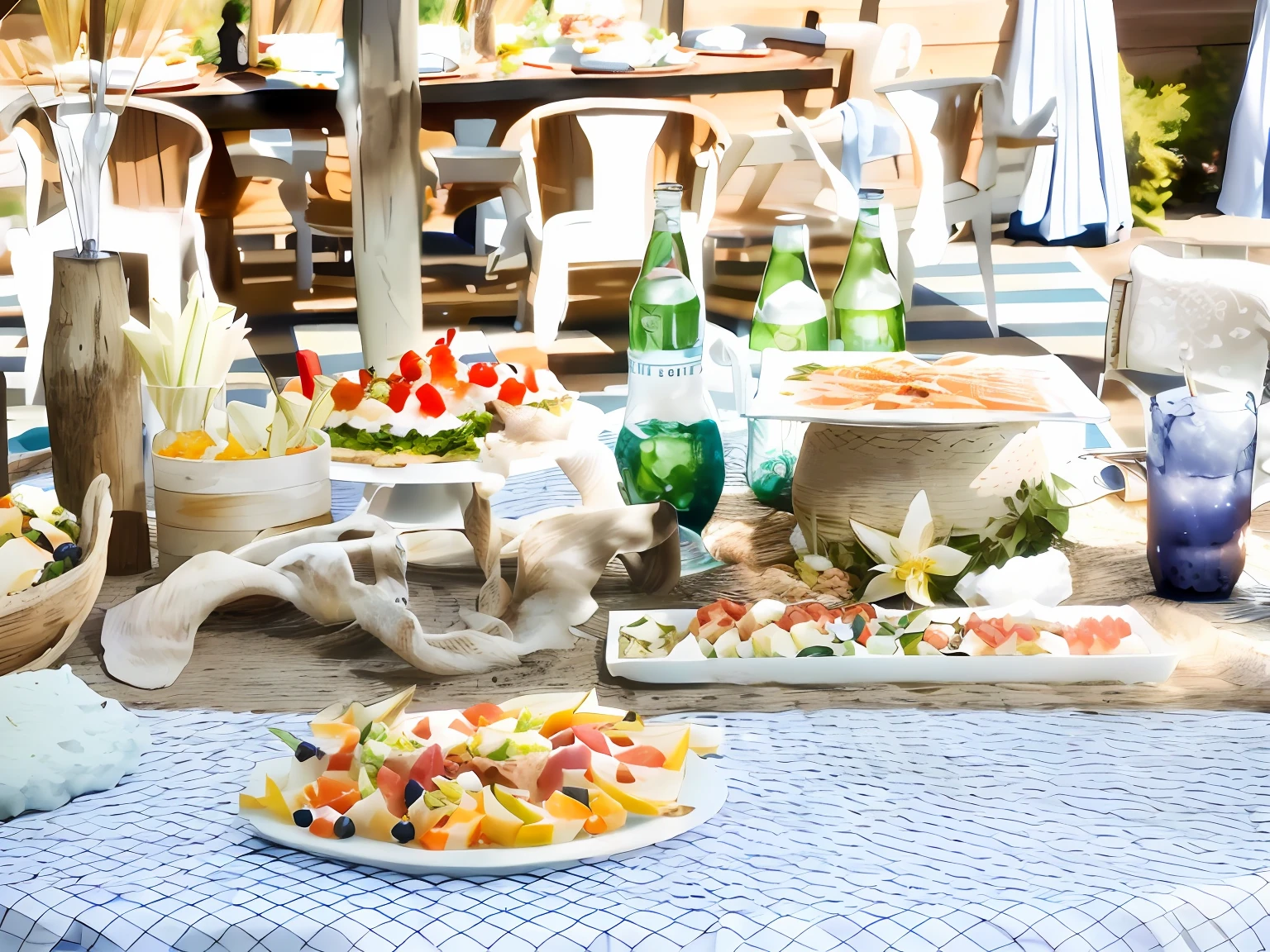 Lots of plates of food and drinks on the table, overflowing feast buffet table, food styling, the table is full of food, outdoors mesa setting, Subtle details, a wide full shot, Midsummer style, food, Snacks, Masterpiece works of art, heavily stylized, full body wide shot, detailed wide shot, delicacy, Long table, grand finale