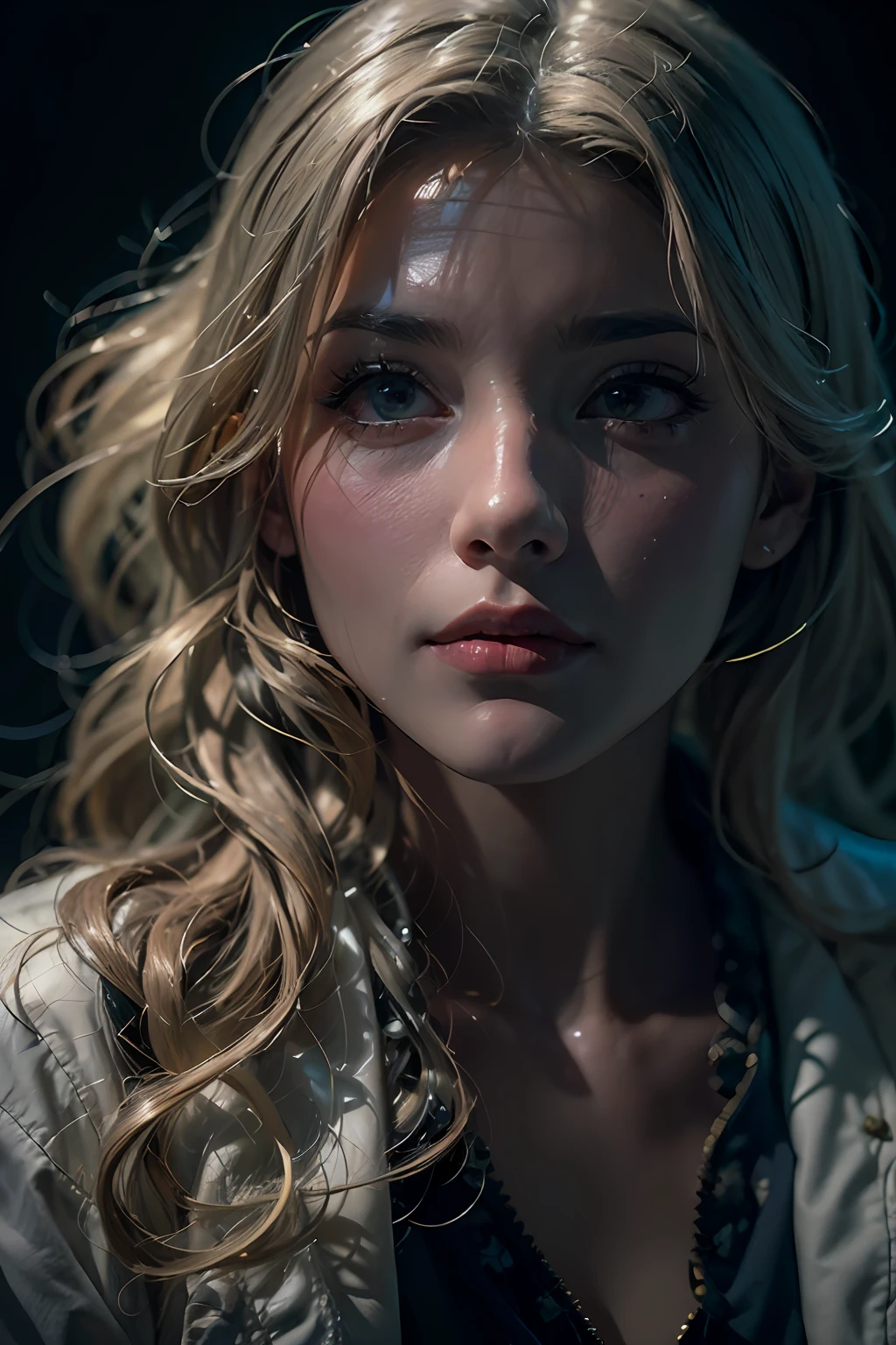 (front focus),(in the dark:1.6), Hyperrealist portrait of female by david hockney and alphonse mucha,fantasy art, photo realistic, dynamic lighting, artstation, poster, volumetric lighting, very detailed faces, 4 k, award winning,, 1girl, in the dark, deep shadow, low key,cowboy shot,(official clothing:1.4) ,long hair,white hair,