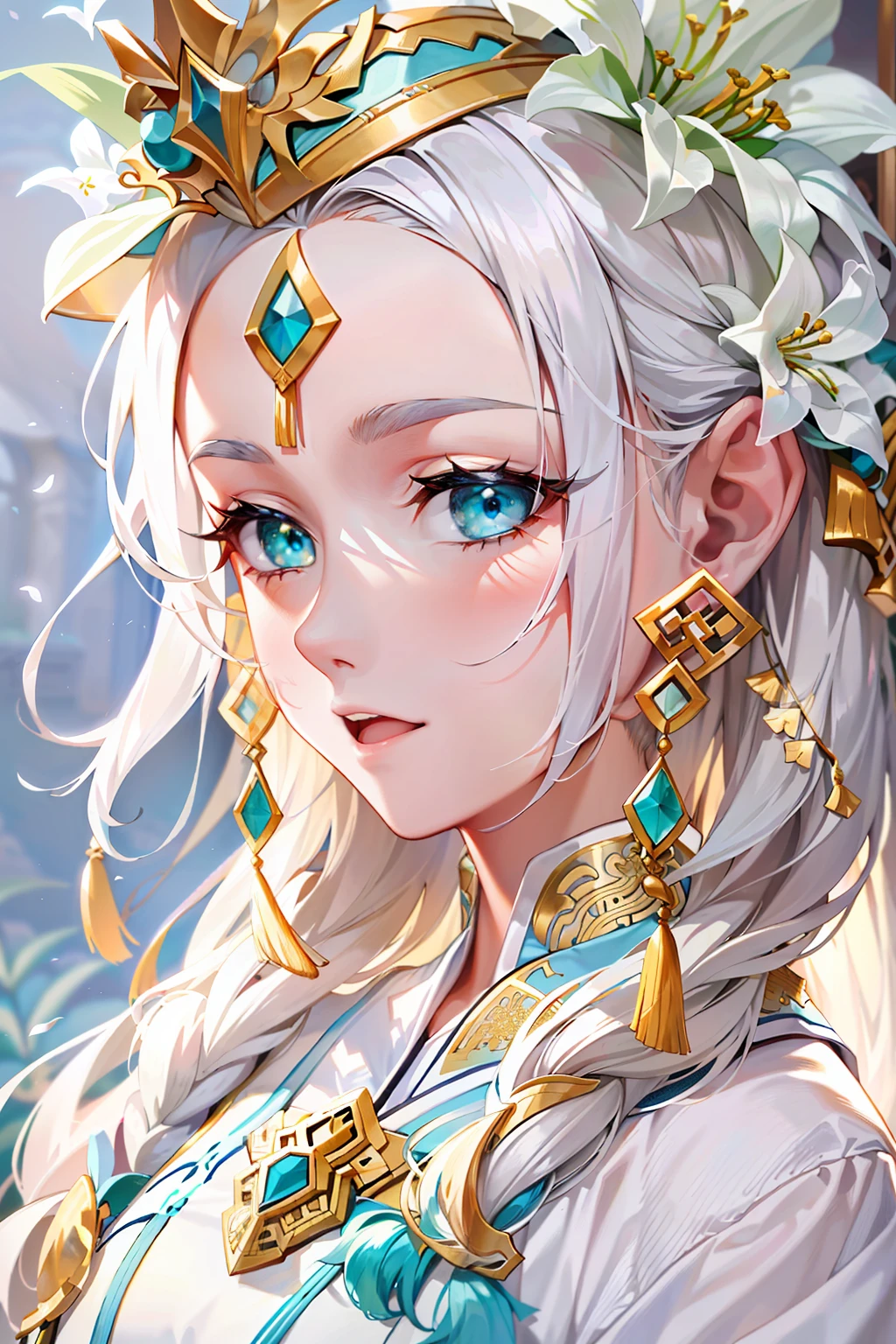 beautiful age girl,white color hair,Turquoise eyes,White Chinese costume,Noble clothes,golden hair accessory,In lilies
