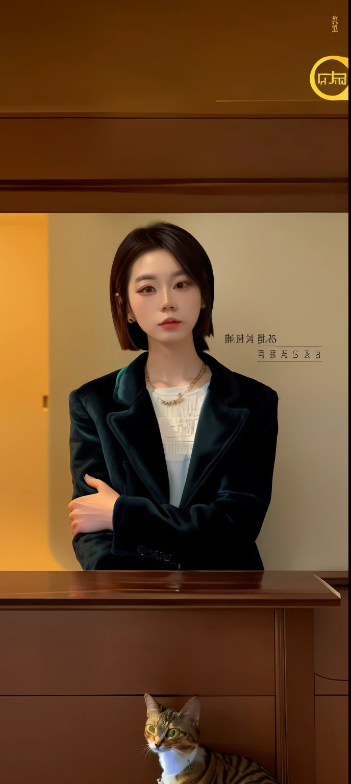 Close-up of a cat wearing a necklace and jacket, interiors, art-house aesthetic, Wang Chen, fundo de casa, xue han, Artistic cover, Middle metaverse, 2 0 2 0 fashion, one house, Cai Xukun, art-house aesthetic, Black House, house, rich house, casa
