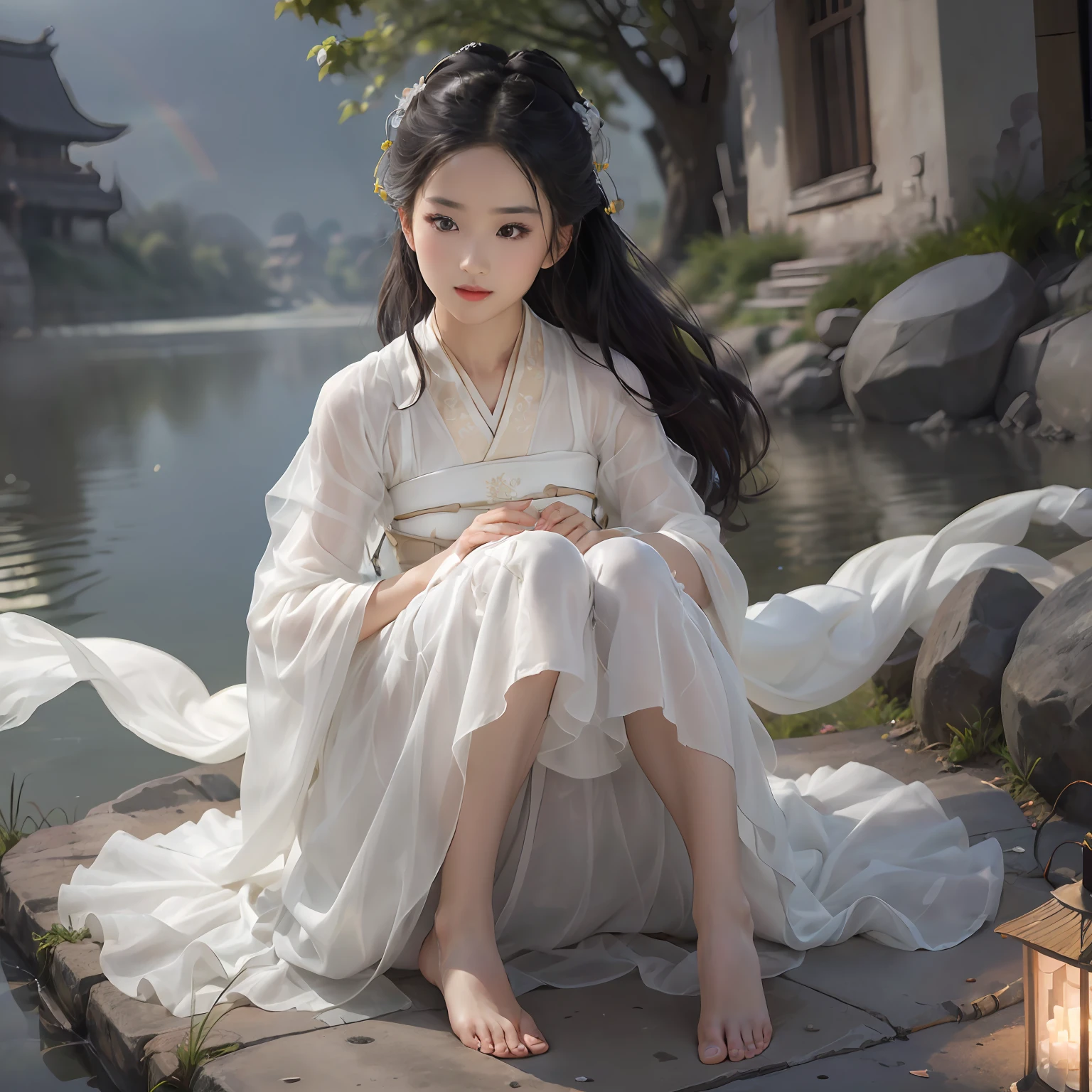 Sitting by the river. florals，Lanterns. Big wind. (((The wind blows long hair and dresses: 1.6)). Long hair that reaches to the waist, （Long hair flying: 1.4）. Tulle translucent period costume, Don costume, Han clothing. Tulle translucent skirt. The skirt is long. (((Night: 1.9))). Women, ssmile, Tulle translucent Hanfu, Bare feet, silver trinkets,  Lightweight, self-assured, Flower gestures, Charming charm, purity, nobles, Artistry, Beauty, (Best quality), Masterpiece, high light, (Original), extremelydetailedwallpaper, (Original: 1.5), (Masterpiece: 1.3), (high resolution: 1.3), (Very detailed 32k wallpaper: 1.3), (Best quality), Highest image quality, exquisite CG, High quality, High completion rate, Depth of field, (1 girl: 1.5), (An extremely delicate and beautiful girl: 1.5), (Perfect full body detail: 1.5), Beautiful and delicate nose, Beautiful and delicate lips, Beautiful and delicate eyes, (Clear eyes: 1.3), Beautiful and delicate facial features, Beautiful and delicate face, Hand processing, Hand optimization, Hand detail optimization, Handmade details, Beautiful clothes down to the smallest detail, Complex details, extreme detail portrayal, hdr, Detailed background, Realistic, (Transparent photovoltaic rainbow color: 1.3),1girll,Girl,Chinese art,Super long legs,Hanfu,is shy,Shy,Hanfukozue,Chinese clothes,Hanfu，Spread your legs apart