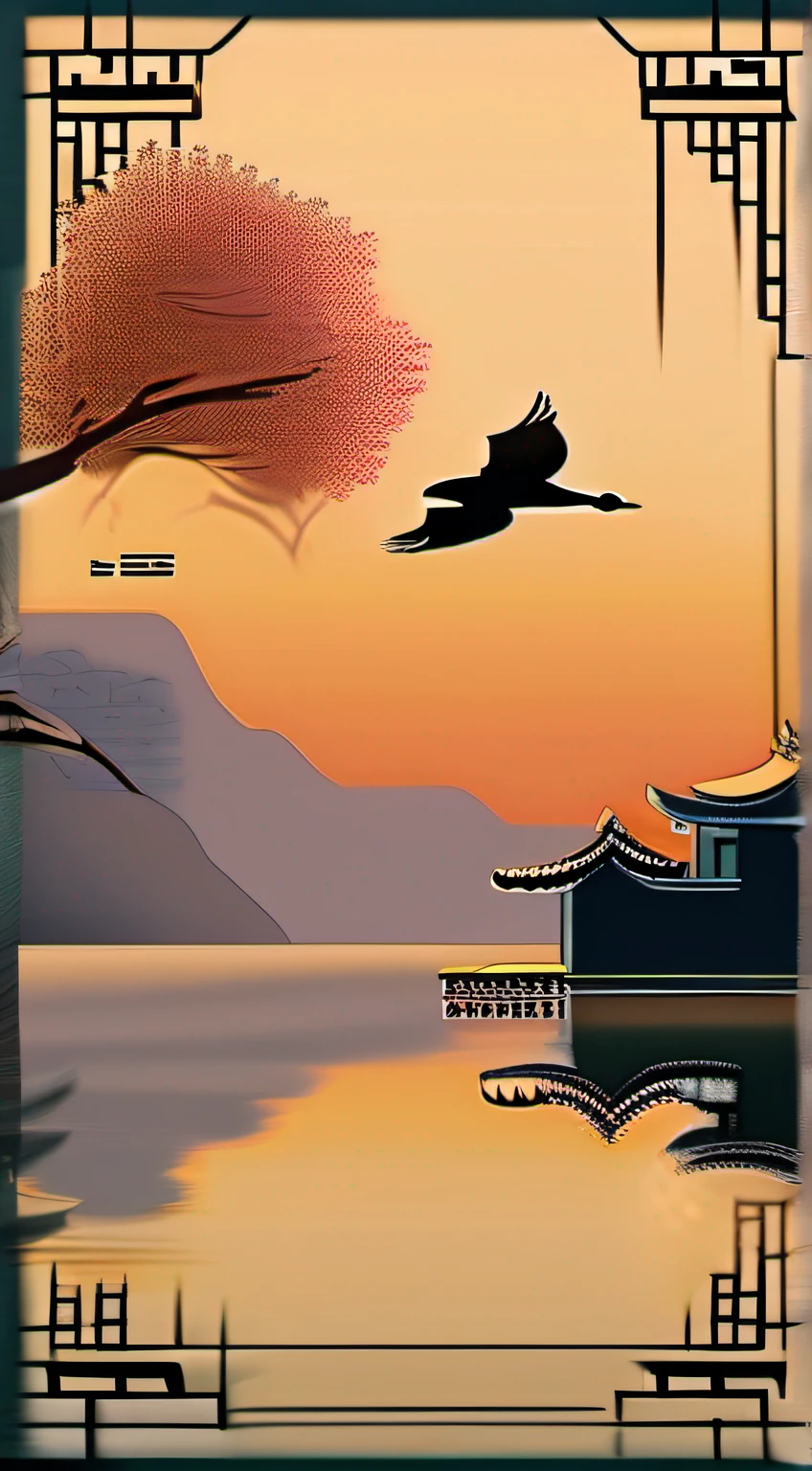 ((masterpiece)), ((best quality)), 8k, high detailed, ultra-detailed, evening light ，Simple colors，Chinese landscape painting style，one duck flying in the sunset，reflection, autumn, river, vast sky, merging, serene, harmonious, peaceful