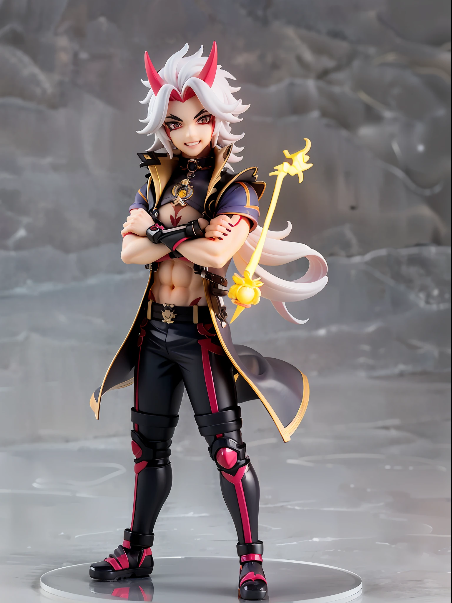 (Blind box toy style:1.3), (Full body shot) , 1 masterpiece, Best quality, ((anatomy correct,1 boy solo)),(arataki itto:1.2) (Genshin Impact), laugh,male focus, black nails, arataki itto, red horns, solo, long white hair, Clean, Clean dark background (circular base)( Global illumination, Ray traching, hdr, unreal render,reasonable design, high detal, Masterpiece, Best quality, hyper HD, Cinematic lighting)