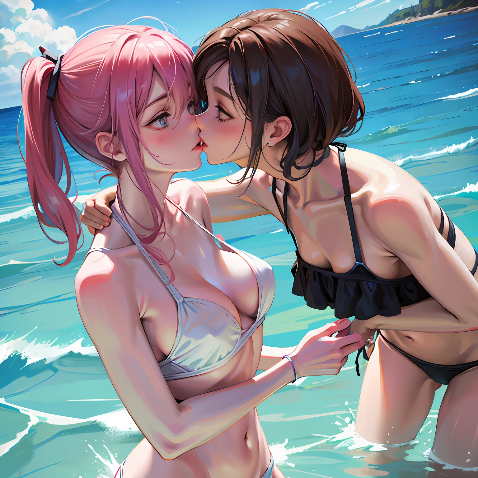 swimsuit beautiful breasts lesbian kissing blush two-dimensional girl