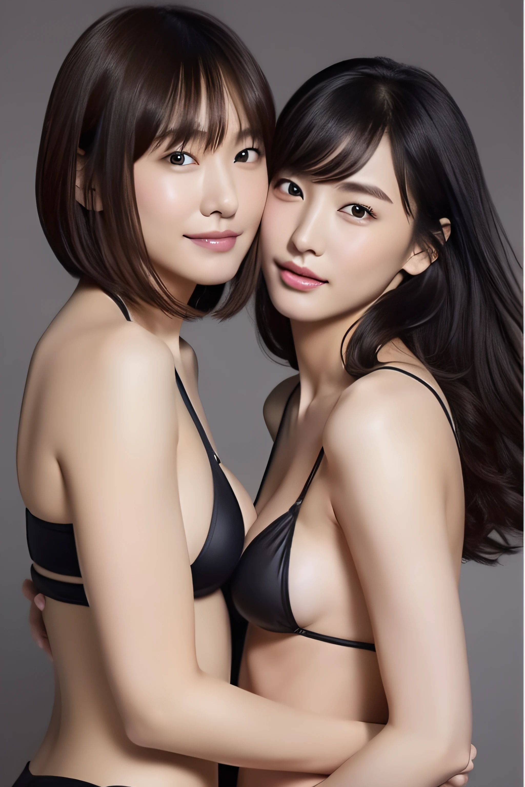 top-quality、hight resolution)、(Attractive Japanese Woman Pictures)、2 girls in、embracing each other、(ultra gigantic tits:1.2)、Bangs pinning、Straight black hair、abdominals、perfect bodies、hyperdetailed face、Detailed lips、finely eye、二重まぶた、Black Bikini、high-heels、fullllbody、Black stockings、(魅惑的)、Tall and cute woman、A slender、Details exquisitely rendered in the face and skin texture、bared chest