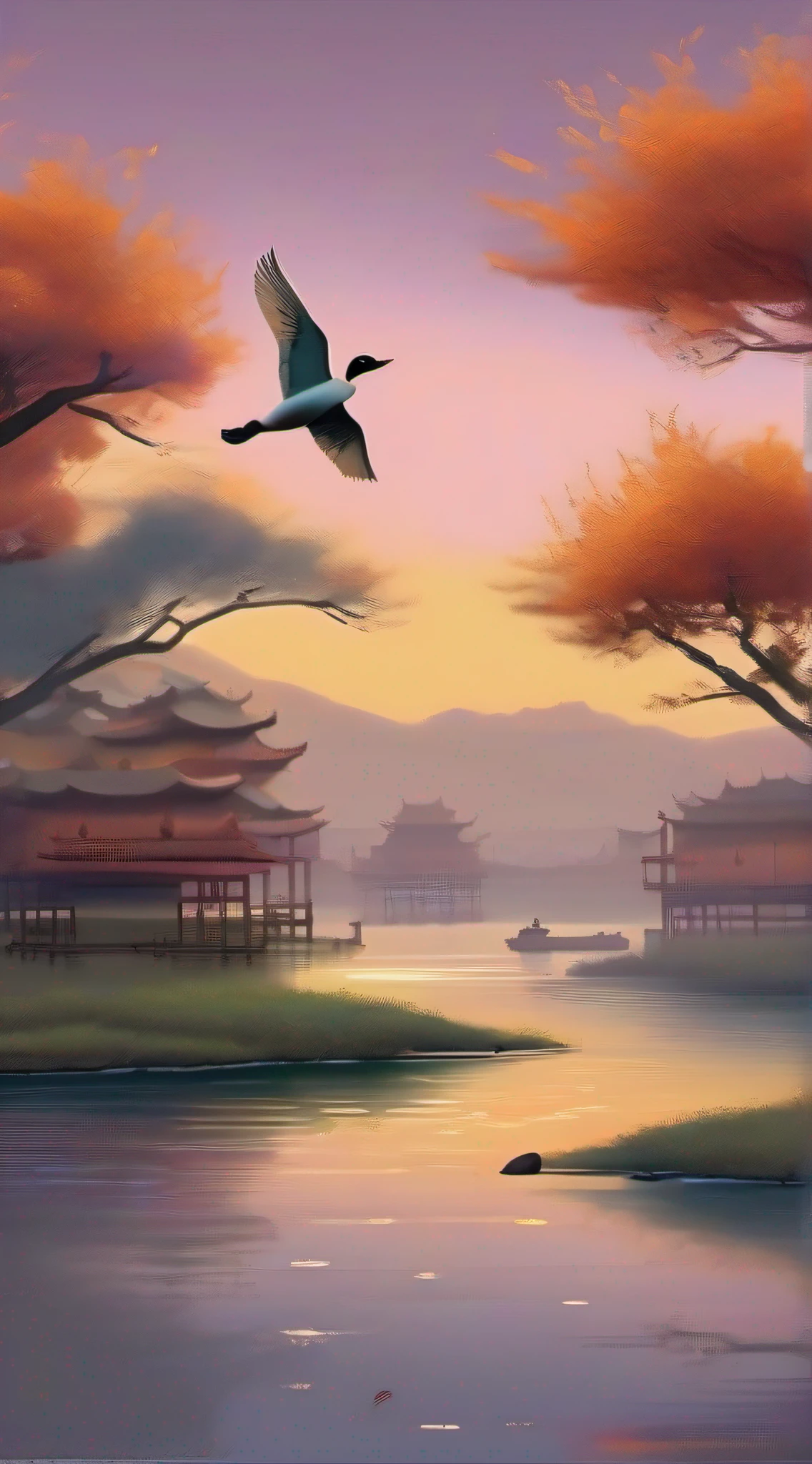 ((masterpiece)), ((best quality)), 8k, high detailed, ultra-detailed, evening light ，Simple colors，Chinese landscape painting style，one duck flying in the sunset，reflection, autumn, river, vast sky, merging, serene, harmonious, peaceful