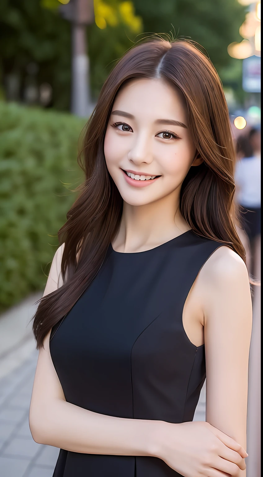 ((Best quality, 8k, Masterpiece :1.3)), 1girl, smiling, full body, slim face, Pretty woman, (Dark brown hair), full length dress :1.1, Ultra-detailed face, Detailed eyes, Double eyelid, blur background, slim face, city, outside, street,