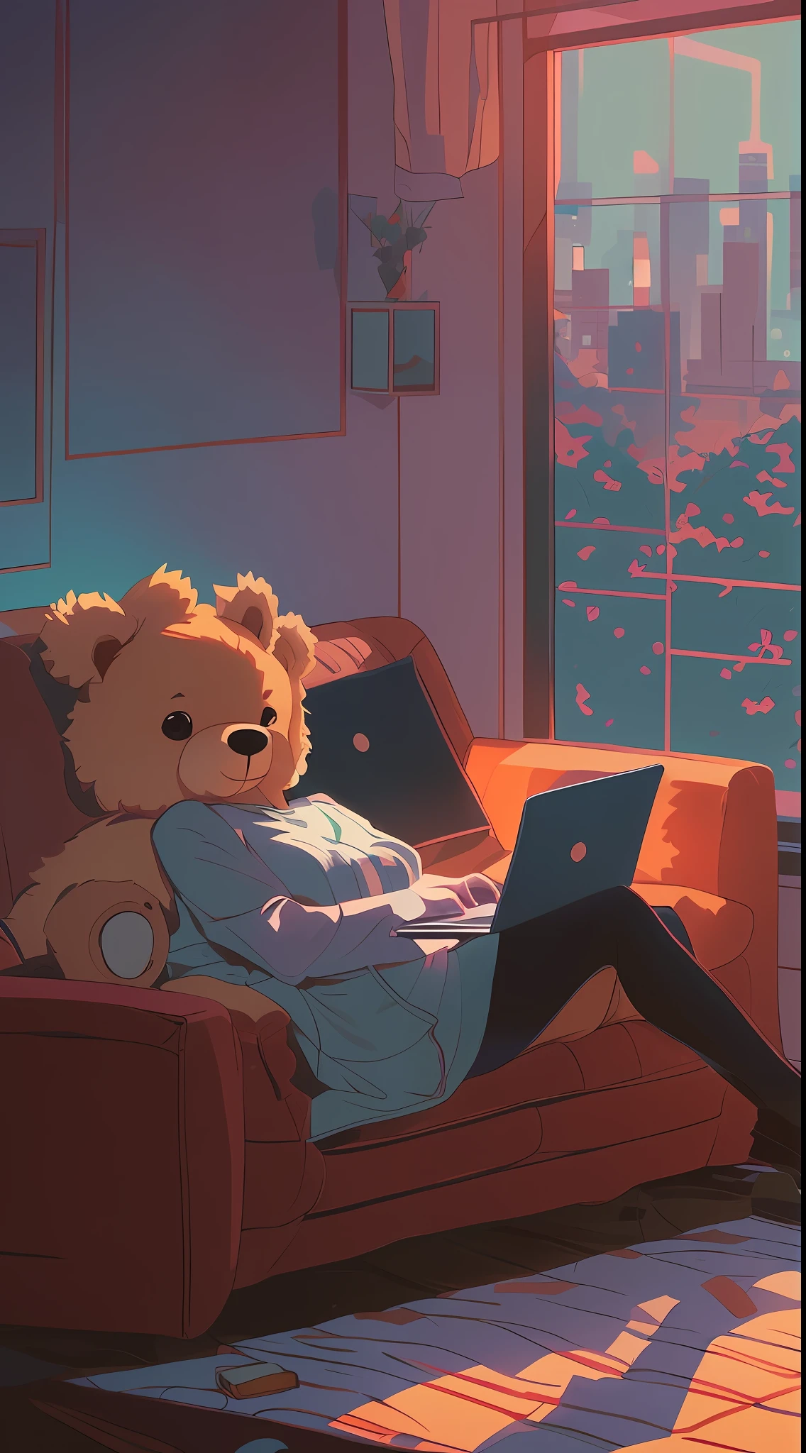 Woman lying on sofa,There was a laptop and a teddy bear, Guviz-style artwork, Digital art Ilya Kuvhinov, Digital anime illustration, atey ghailan 8 k, by Atey Ghailan, Digital art on Pixiv, Artgerm and Atey Ghailan, calm evening. Digital illustration