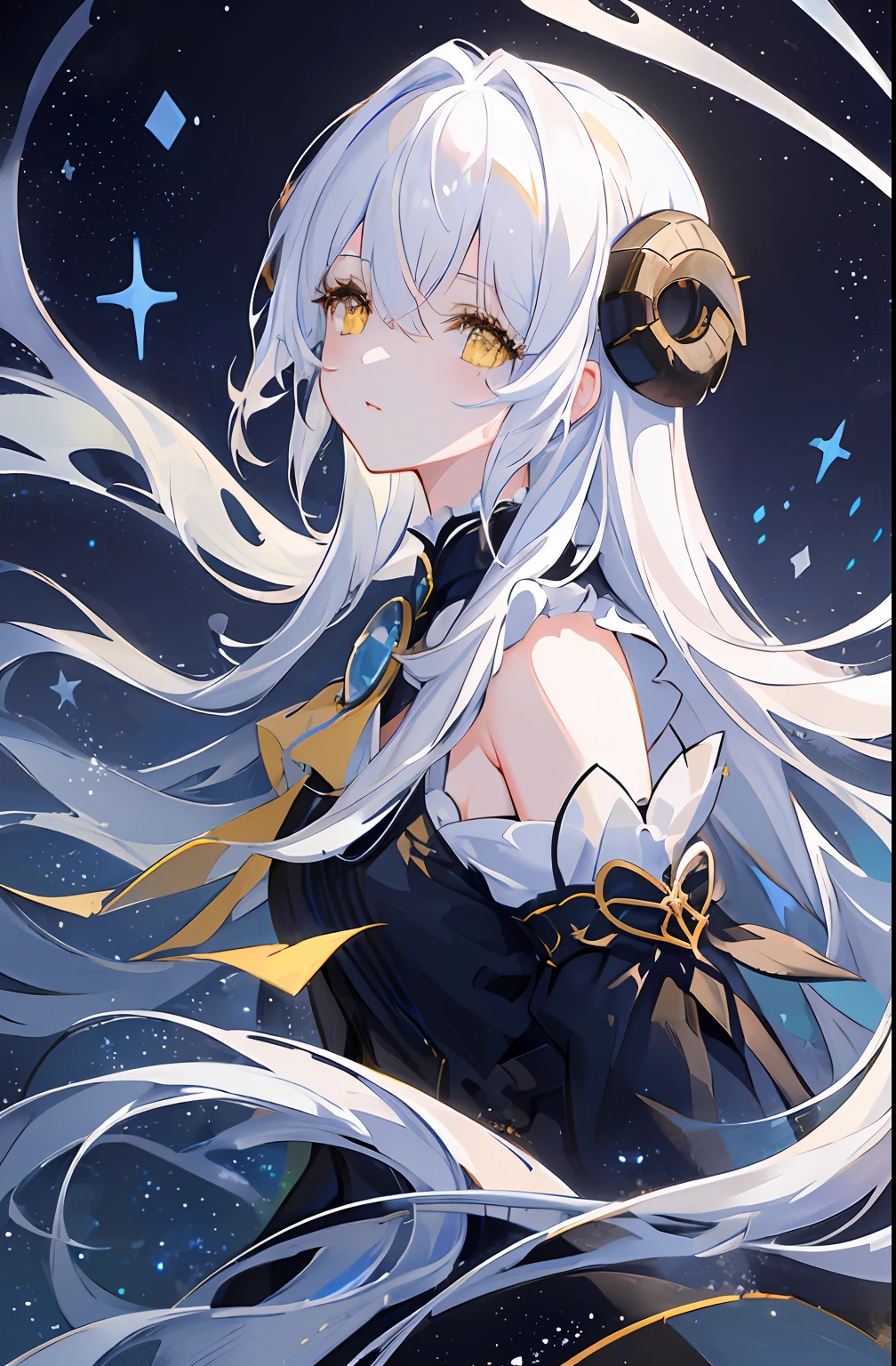 ((​masterpiece)), ((top-quality)), (Amazing Dessinger), (best artist), (Best Illustration Scenery), (Best Performance), (4k Full HD), (HDR+), (1girl) (long to)white  hair, (sparkling yellow eyes), (astonishing)Side landscape with starry sky painted in artistic and cinematic tones--Mayna pastel style--V5(anime illustrated)、Sheep's Horn