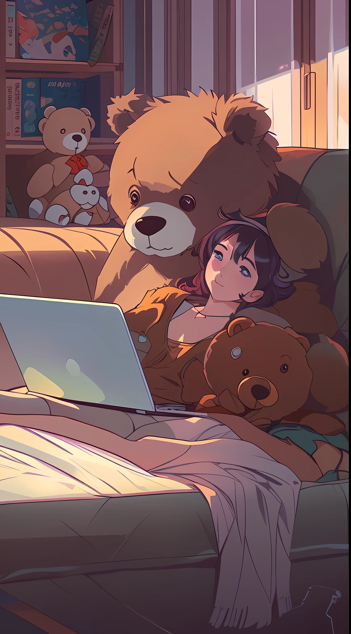 Woman lying on sofa,There was a laptop and a teddy bear, Guviz-style artwork, Digital art Ilya Kuvhinov, Digital anime illustration, atey ghailan 8 k, by Atey Ghailan, Digital art on Pixiv, Artgerm and Atey Ghailan, calm evening. Digital illustration