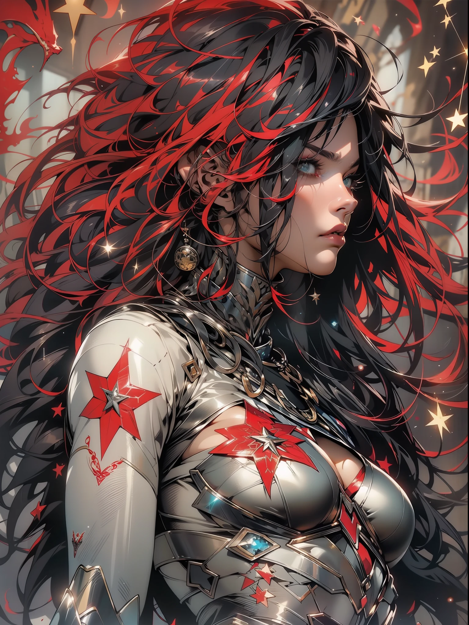 (((mulher))), (((melhor qualidade))), (((obra prima))), (((adulta))), Uma guerreira mulher de 35 anos com corpo perfeito, She-Lobo, (( under boobs )), quase nua no estilo selvagem urbano de Simon Bisley para a capa da revista Heavy Metal, cabelo loiro, Minimum clothing, armadura (vermelho escuro com estrelas brancas), cheio de pontas e rebites manchadas de tinta, tatuagem de estrelas de 5 pontas, (((corpo inteiro))), cabelo preto curto com franja branca cobrindo a testa