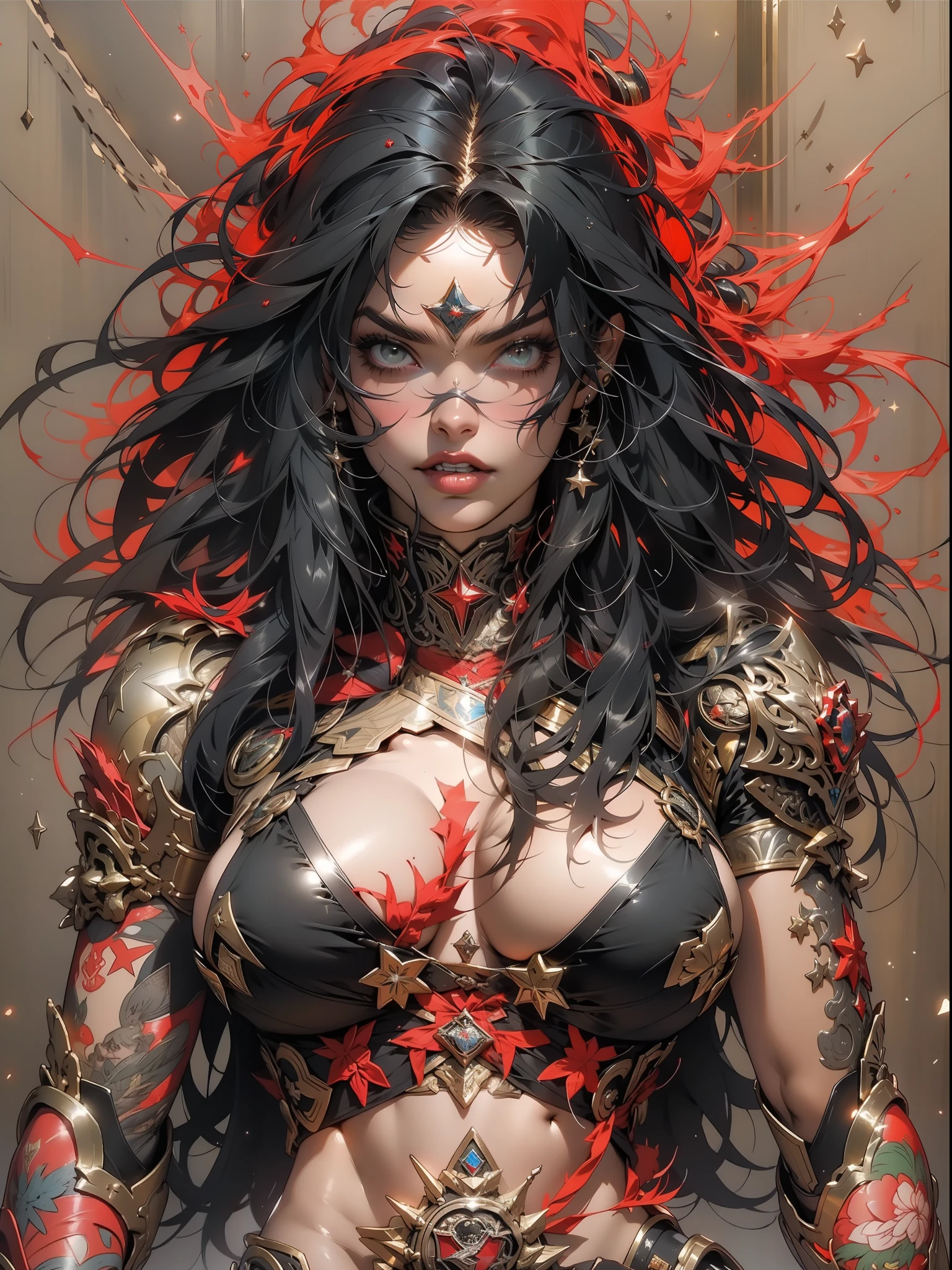 (((mulher))), (((melhor qualidade))), (((obra prima))), (((adulta))), Uma guerreira mulher de 35 anos com corpo perfeito, She-Lobo, (( under boobs )), quase nua no estilo selvagem urbano de Simon Bisley para a capa da revista Heavy Metal, cabelo loiro, Minimum clothing, armadura (vermelho escuro com estrelas brancas), cheio de pontas e rebites manchadas de tinta, tatuagem de estrelas de 5 pontas, (((corpo inteiro))), cabelo preto curto com franja branca cobrindo a testa