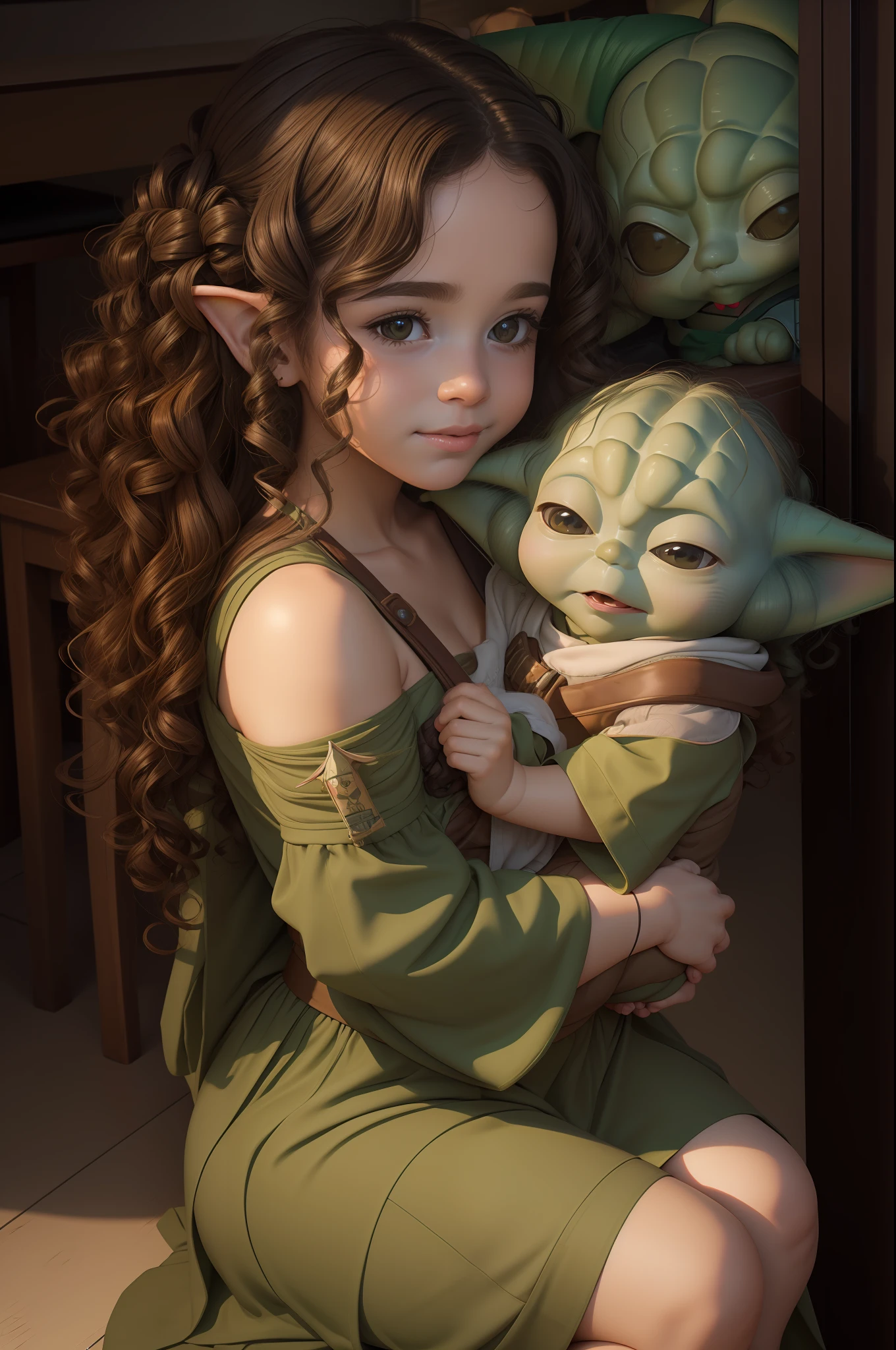 a beautiful human girl with curly brown hair holding a Yoda in her lap, Grogo, yoda guerra nas estrelas, art-station, cgi_animation, curly_hair, cute_girl, babya.