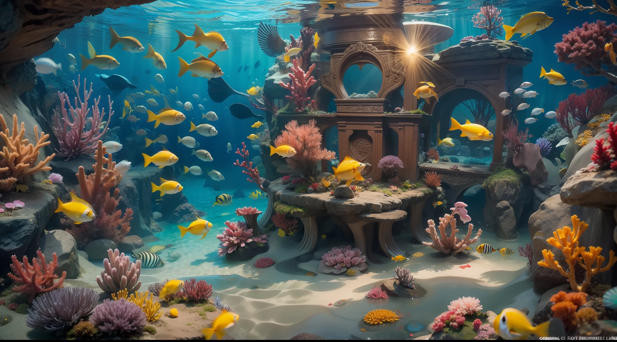 Generate images of the enigmatic sights under the sea。Camera dives underwater、Uncover a fascinating world beneath the waves。Vivid coral reefs、Decorated with sparkling colors。School of exotic fish glides gracefully through the water、Its scales reflect the sun's rays and shine like precious jewels。This scene exudes otherworldly beauty、Invites viewers to explore the deep sea。Eye-level gaze, first-person view, masterpiece, best quality, highres, 8k
