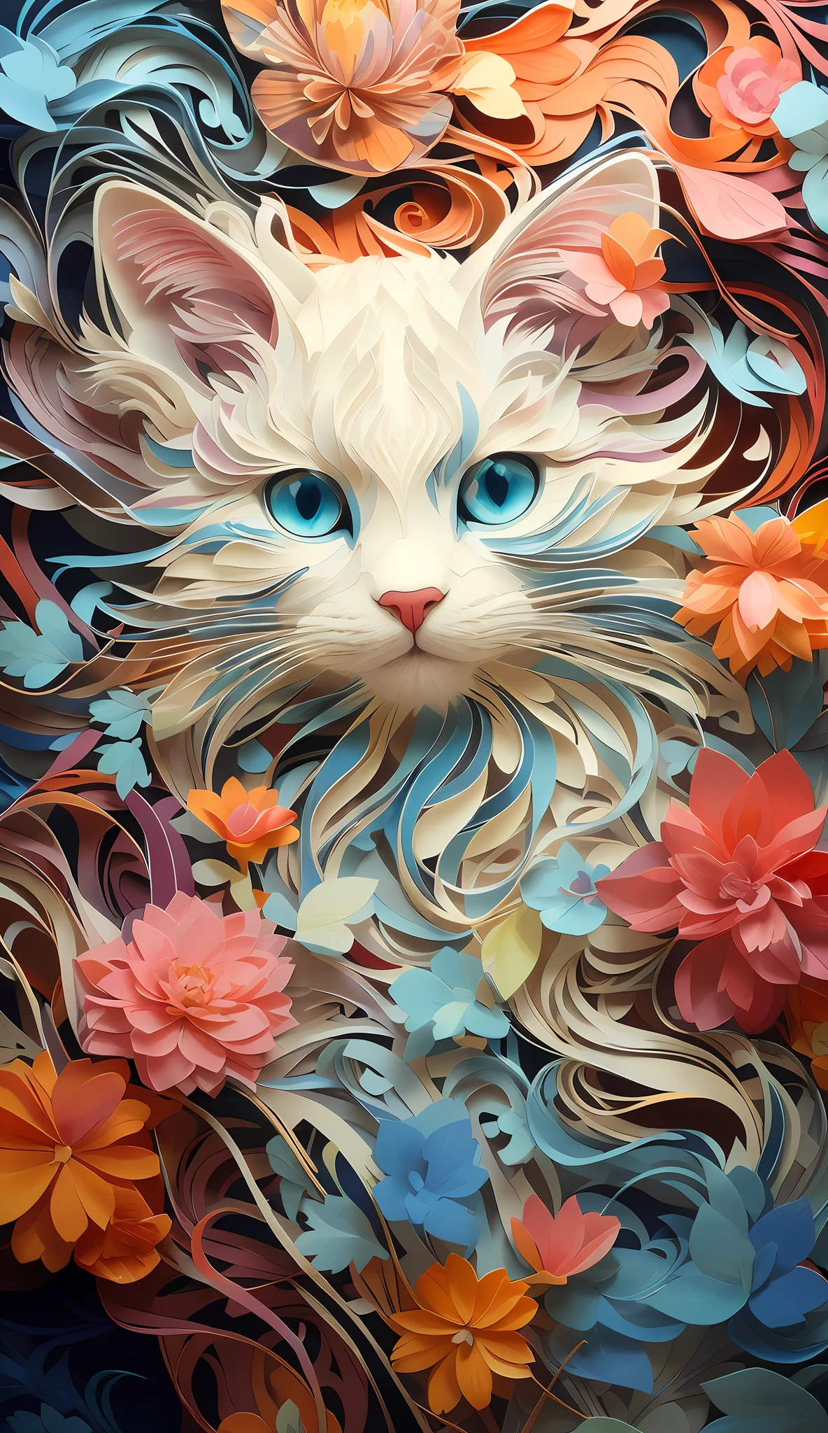 Paper Art，There is a blue-eyed cat surrounded by flowers, 4k highly detailed digital art, Cute detailed digital art, 4K detailed digital art, Detailed painting 4 K, Beautiful art UHD 4 K, Beeple and Jeremiah Ketner, Beautiful digital artwork, intricate digital painting, cat detailed, gorgeous digital art, Detailed digital 3D art, Highly detailed digital art