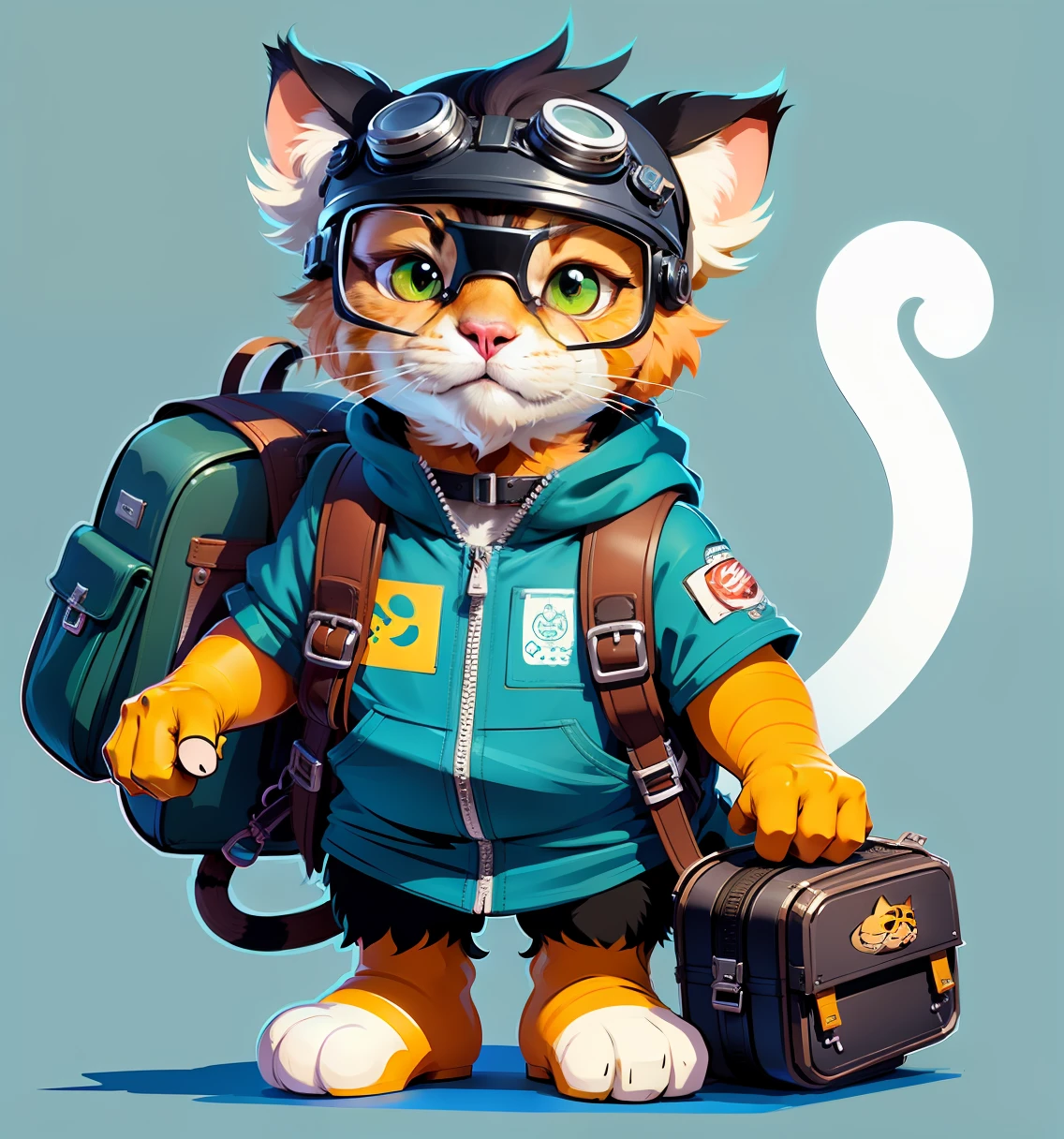 Sketch of a cat with a backpack and goggles, Highly detailed character design, Cartoon concept art, line work concept art, comic character design, senior concept artist, detailed character art, Stylized character design, character concept explorations, very stylized character design, Official concept art, official character illustration, high quality character design, Stylized concept art, anthro concept art