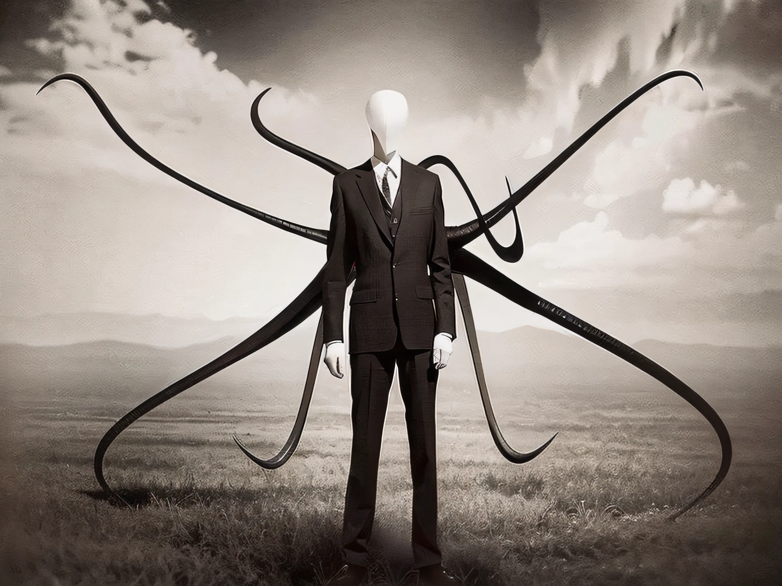 There was a man in a suit standing in the tentacle field, Slender man, thin man, Slender, With slender, slenderman zombie, Thin man in the woods, inspired by Igor Morski, 《phantom》tall, young and slender, Surreal!!!, creepy surrealism, Anthropomorphic _ Humanoid, Six arms