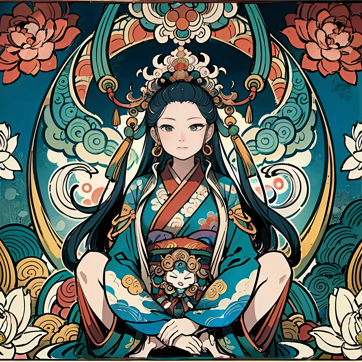 an ancient Chinese goddess, guanyin of the southern seas, Guanyin, Inspired by India, Avalokiteshvara rides a dragon,Serene expression,shui mo hua,Buddha,Buddhist,Lotus,Chinese painting style,Thangka style