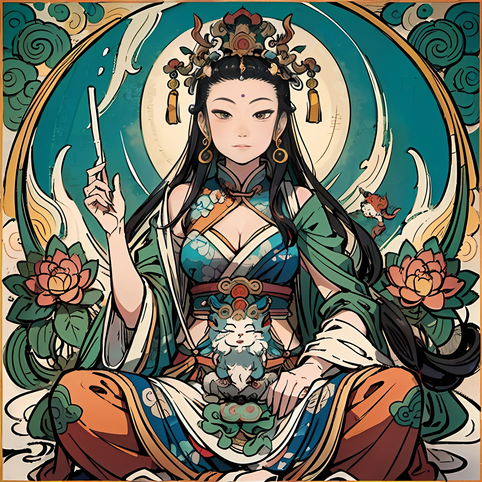 an ancient Chinese goddess, guanyin of the southern seas, Guanyin, Inspired by India, Avalokiteshvara rides a dragon,Serene expression,shui mo hua,Buddha,Buddhist,Lotus,Chinese painting style,Thangka style
