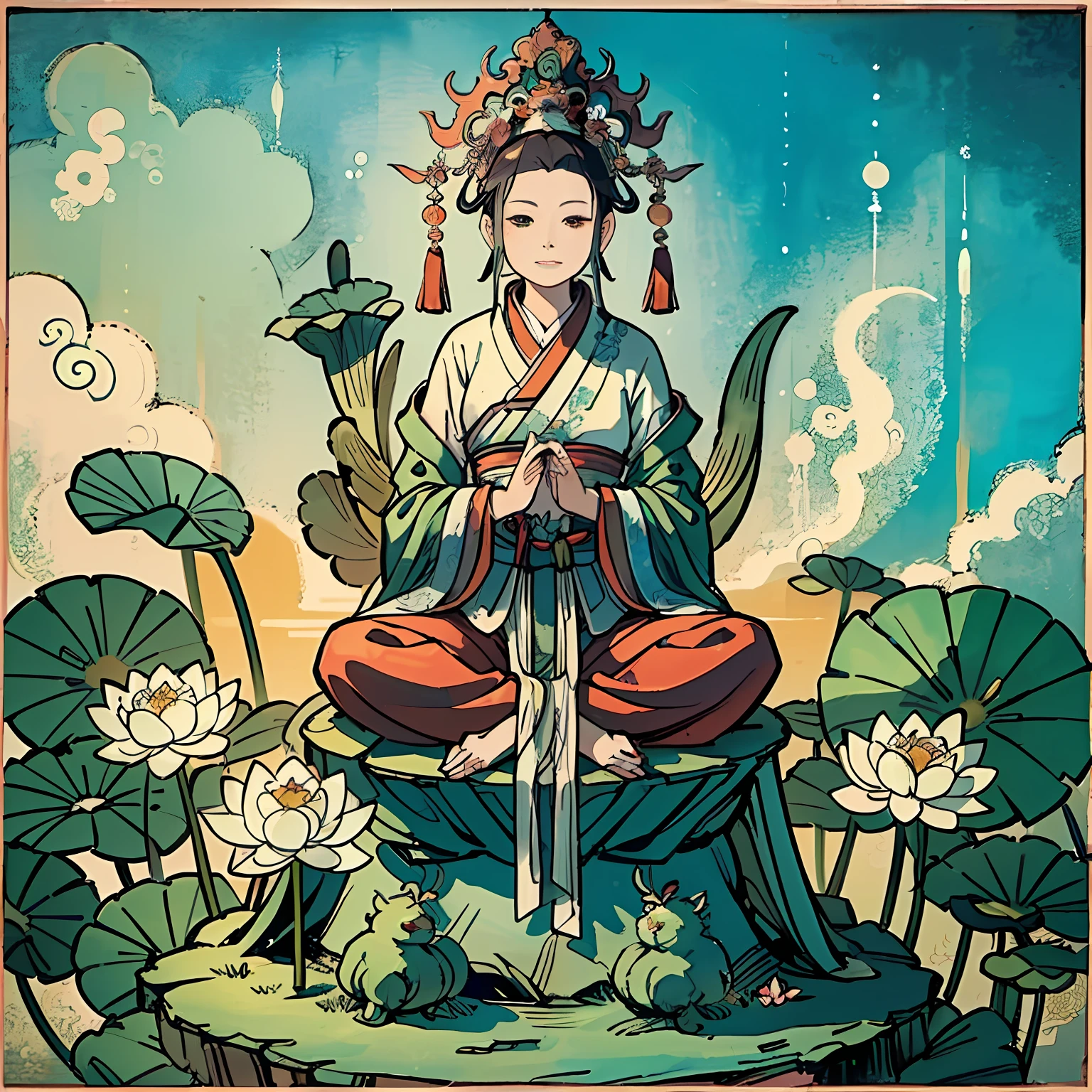 Woman sitting on a lotus,guanyin of the southern seas,Guanyin,contented female bodhisattva,jade sculpture,bodhisattva,queen of the sea mu yanling,serene,Serene expression,shui mo hua,Buddha,Buddhist,Lotus,Chinese painting style,Thangka style