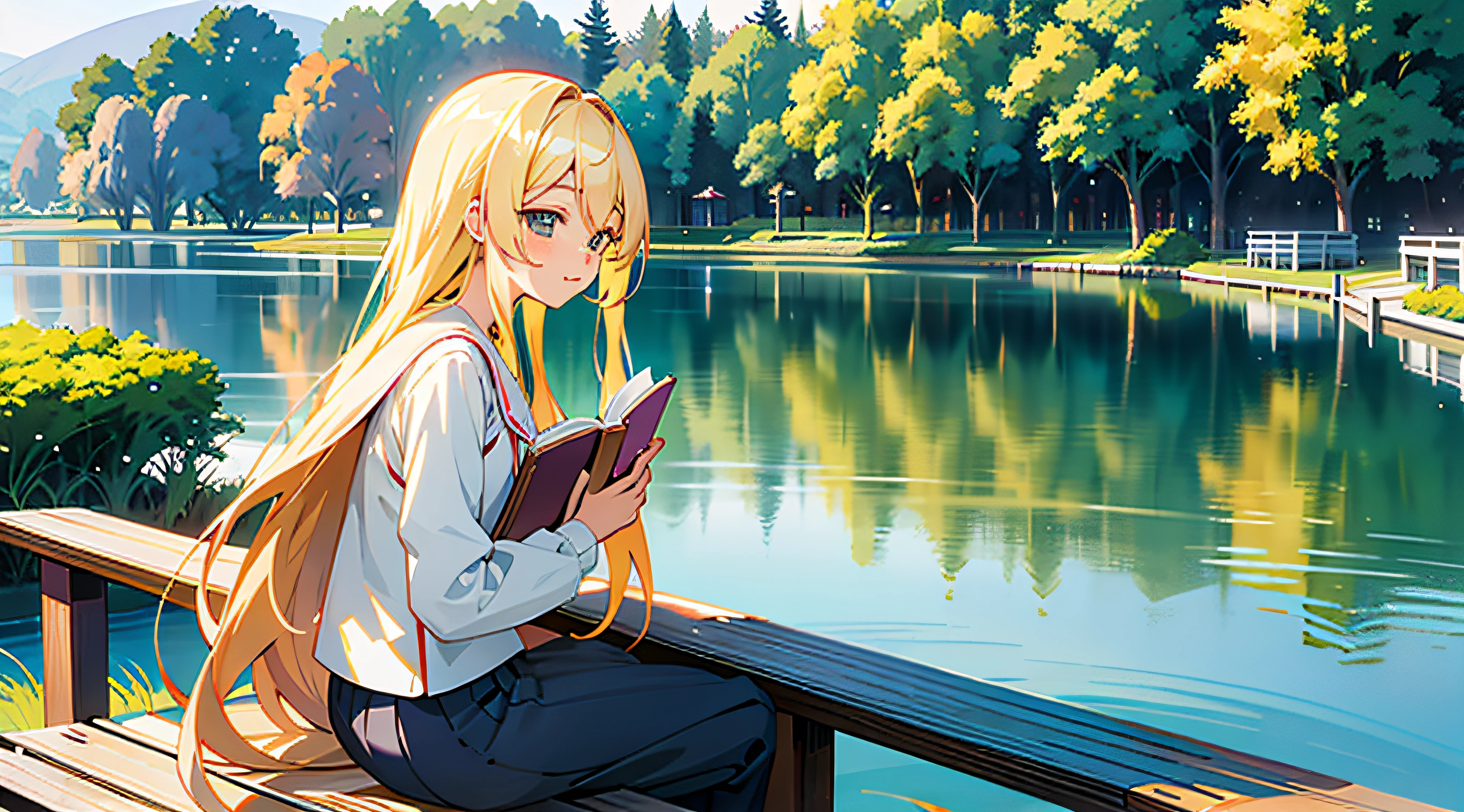 Anime girl sitting on bench by lake reading a book, Blonde anime girl with long hair, Anime girl with long hair, beautiful anime art style, a beautiful anime portrait, In Park,lakeside, Beautiful anime style, sitting at a pond, anime art style, up of young anime girl, Beautiful anime girl, drawn in anime painter studio, Anime style illustration