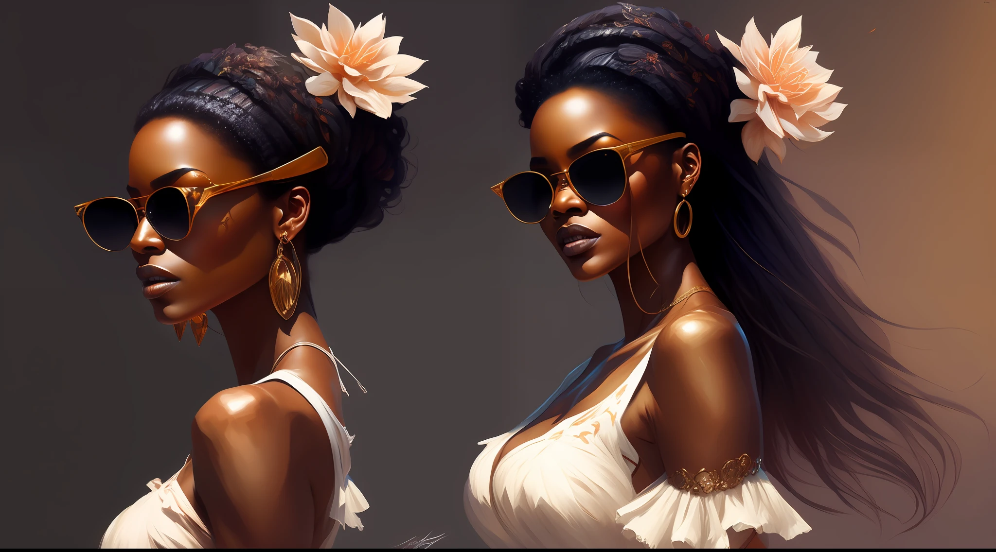 African queen, luxiorious, by Mort Artists, by Ben Bauchau, epic t dress, sunglasses, knee high boots by boris Vallejo, by Michael Garmash, stunning art, detailed, high quality, high definition, digital painting, acrylic on canvas, oil on canvas, pixiv polycount art, nvdia ray tracing, behance hd, trending on artstation, detailed, earth tones, lush floral colors, curvy and robust, sharp focus, character design, wlop, artgerm, kuvshinov, character design, unreal engine, bosslogic, luis royo, contemporary clothing, devious eyes, thicc and toned, 40+ --auto