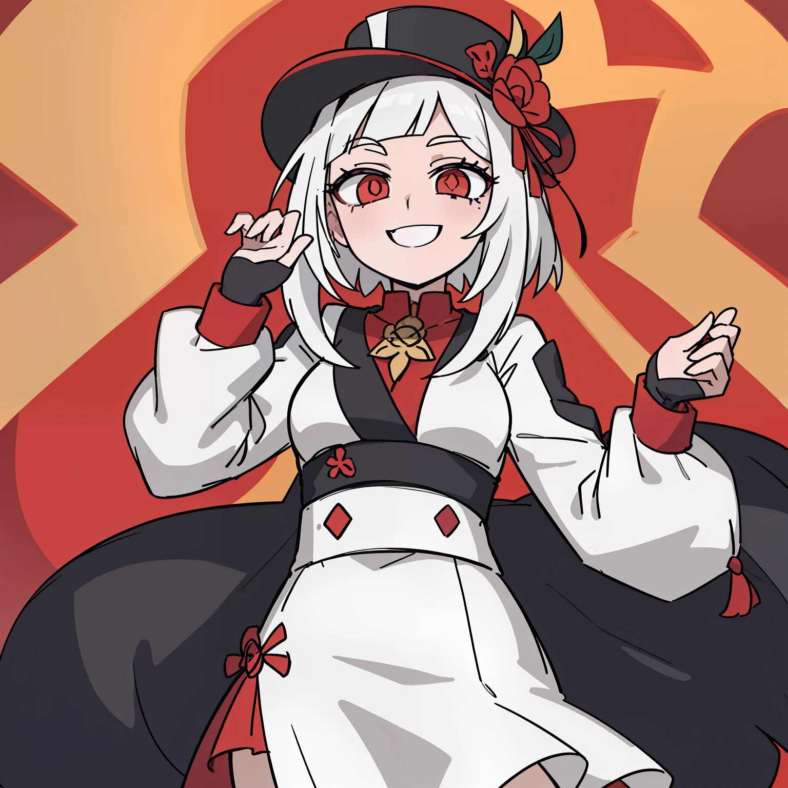 2d, obra maestra, mejor calidad, anime, ojos muy detallados, rostro muy detallado, fondo rosa, perfect ilumination, disparo de vaquero, pies fuera de marco, 1 girl in, solo, en pie, Ganyuy \(genshin impact\), symbol-shaped pupils , pupilas en forma de flor, sombrero, flor roja, ojos rojos, conceited, sonrisa ligera