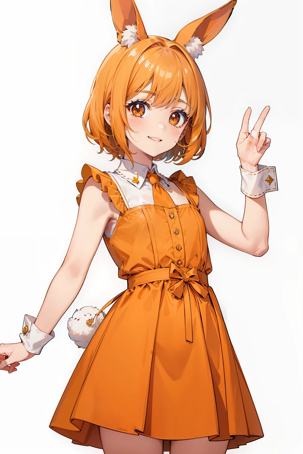 1girl, cabello crema, pelo corto, brown eyes, They are smiling, Orejas de conejo, vestido naranja, adulto, cola de conejo