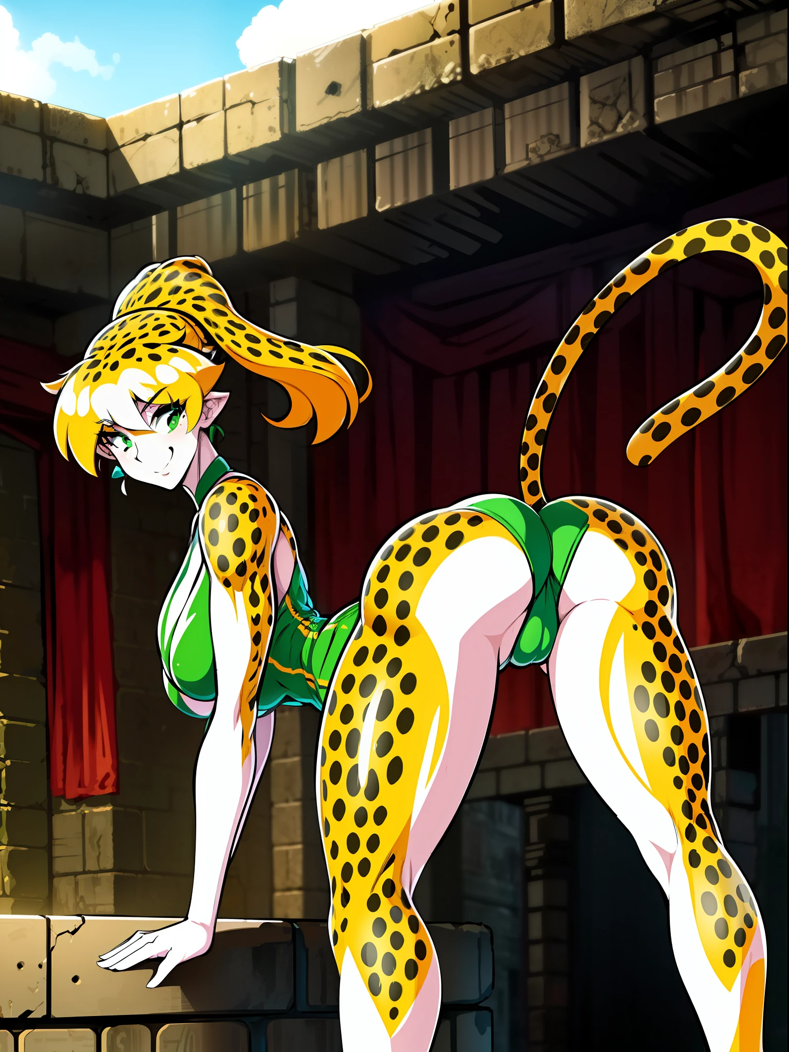 masterpiece, best quality, 1girl, solo, Britanny Cheetah Digger, anthro, black eye marks, green leotard, sleeveless, green running shoes, rainforest ancient ruins, single tail, cheetah tail, ponytail, looking at viewer, ((tail correct position))