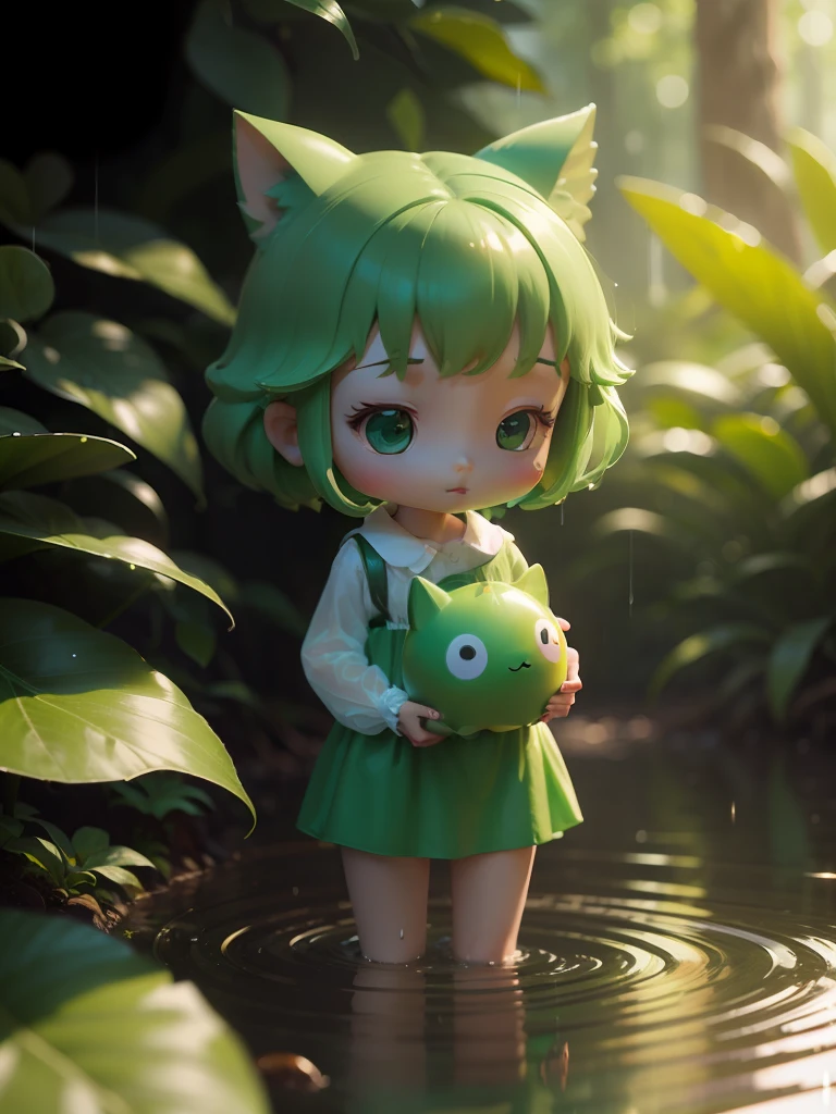 super cute girl IP by pop mart, holding animal, Green leaves in the background, Light rain, pond,In the forest, there are animalsand plants, Pastel color, mockup, a blind box toy, delicate glow, Clean background, a 3D render, OC Render, Best quality