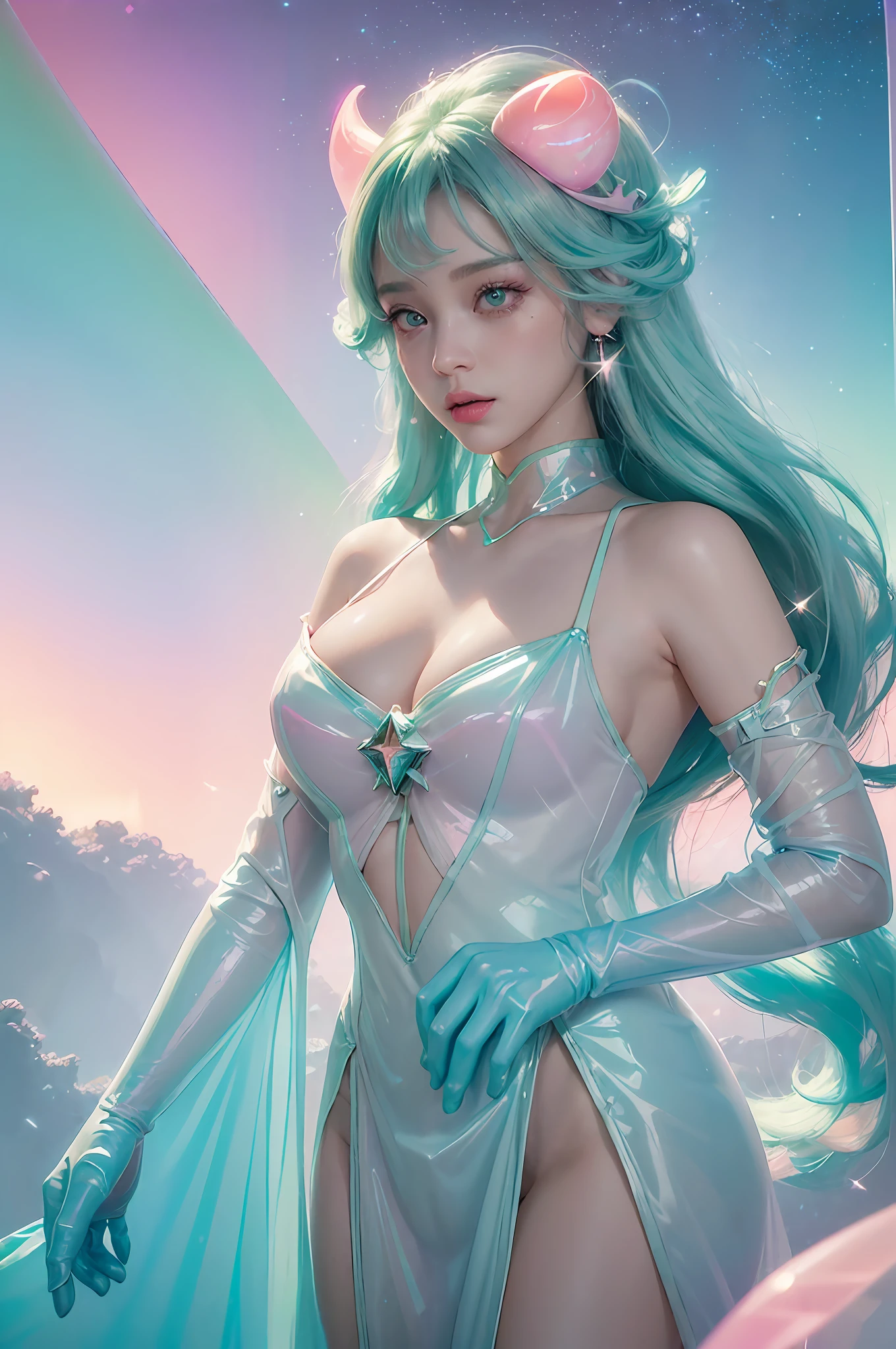 (fluorescent colors:1.4),(translucent:1.4),(retro filters:1.4), (fantasy:1.4), candy world Disney land ethereal soft fluffy soft landscape forest snowavatar Pastel pink sky green blue sparkle ethereal light pastel whimsical light rainbow stars diamonds sparkle gemstone background hyper realistic Ultra quality cinematic lighting immense detail Full hd painting Well lit,