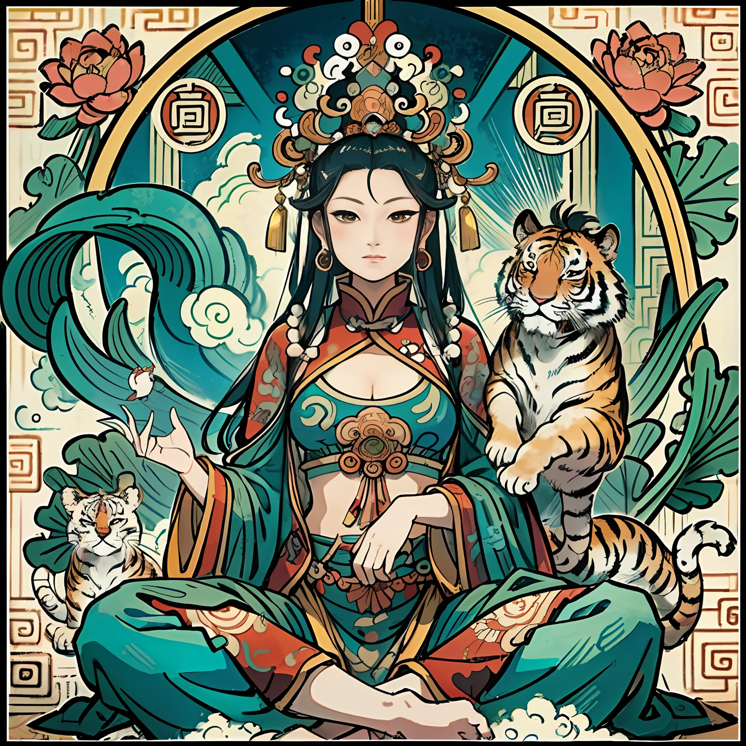 an ancient Chinese goddess, guanyin of the southern seas, Guanyin, Inspired by India, Avalokiteshvara rides a tiger,Serene expression,shui mo hua,Buddha,Buddhist,Lotus,Chinese painting style,Thangka style