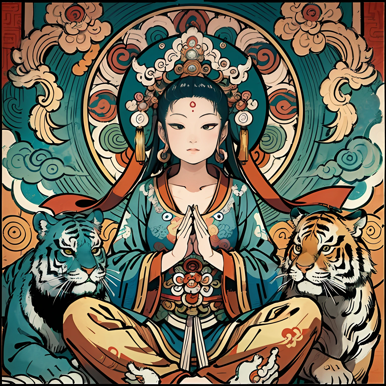 an ancient Chinese goddess, guanyin of the southern seas, Guanyin, Inspired by India, Avalokiteshvara rides a tiger,Serene expression,shui mo hua,Buddha,Buddhist,Lotus,Chinese painting style,Thangka style