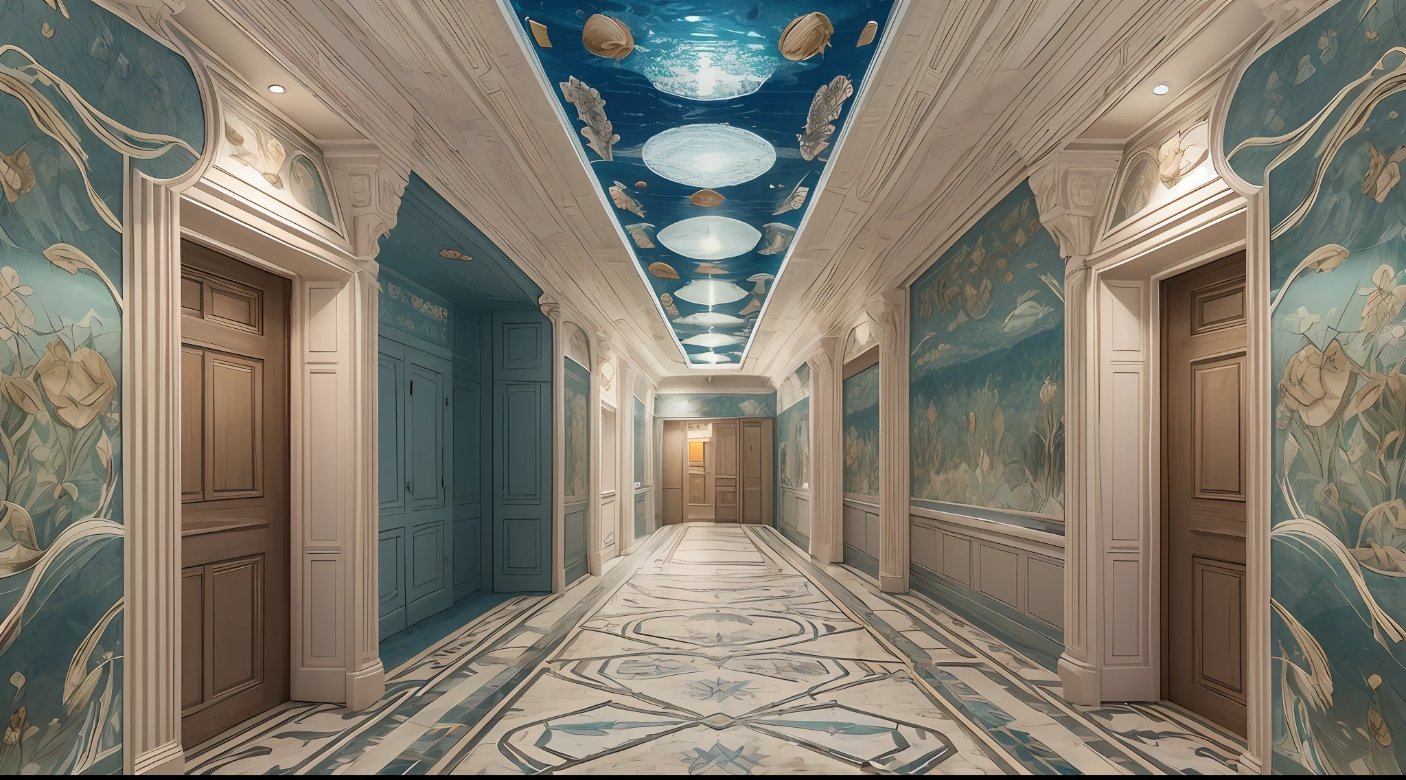 Generate images of the corridors of a mysterious Western-style building in the deep sea。A pale light emanates from the delicate scones along the walls、It creates a peaceful atmosphere。The floor is decorated with mosaic patterns reminiscent of underwater landscapes.。The corridor seems to be infinite.、It's inviting to explore and discover.