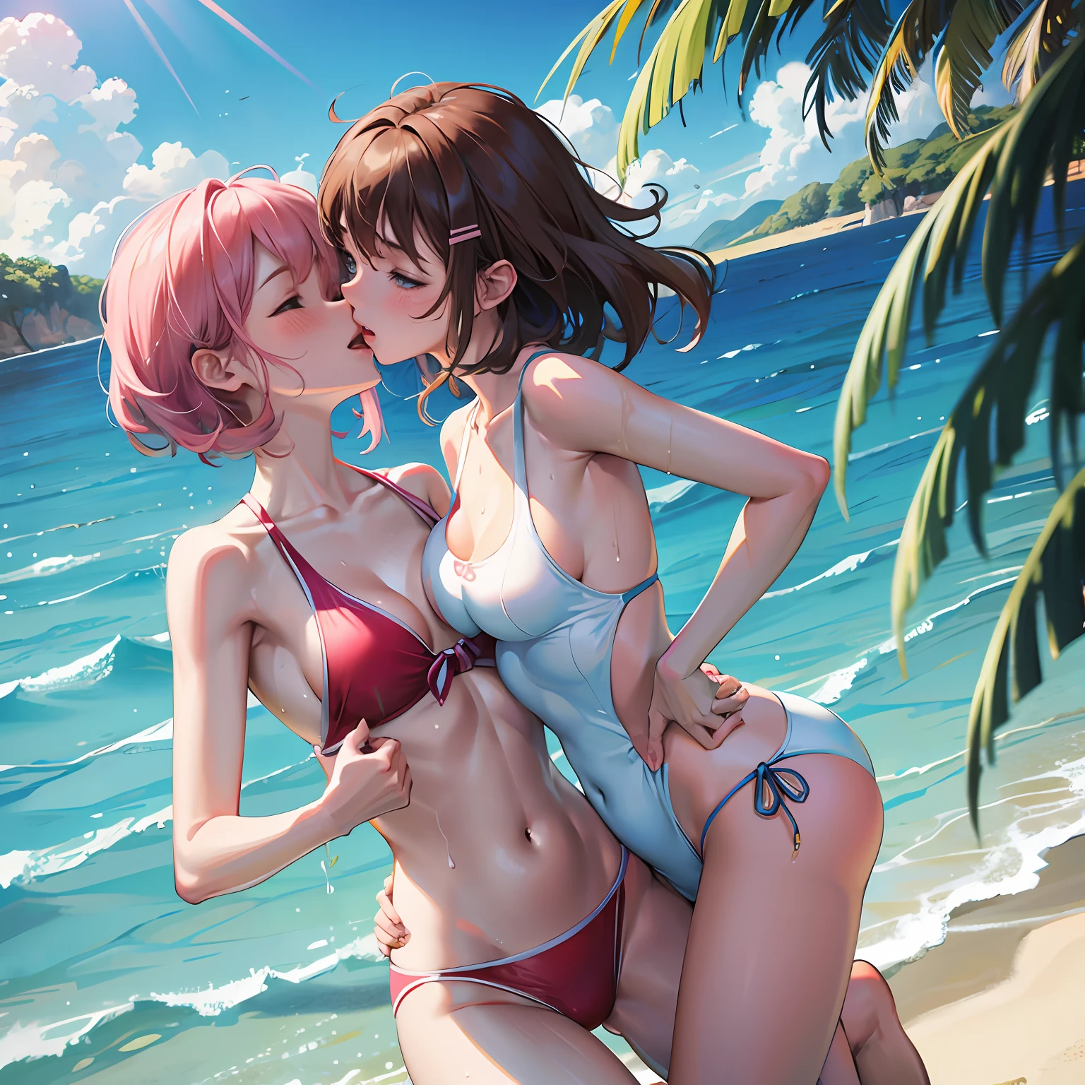 swimsuit beautiful breasts lesbian kissing blush two-dimensional girl wet