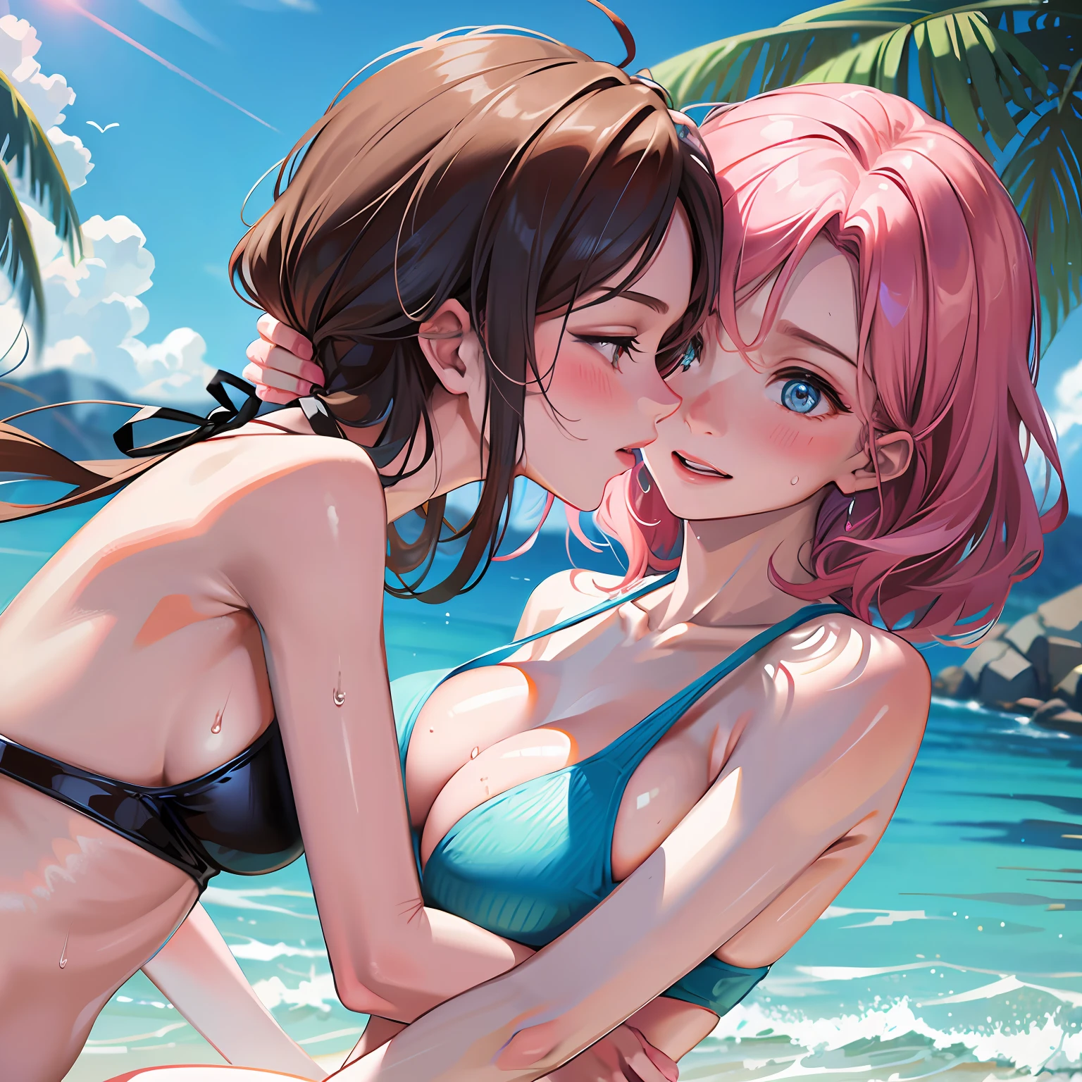 swimsuit beautiful breasts lesbian kissing blush two-dimensional girl wet