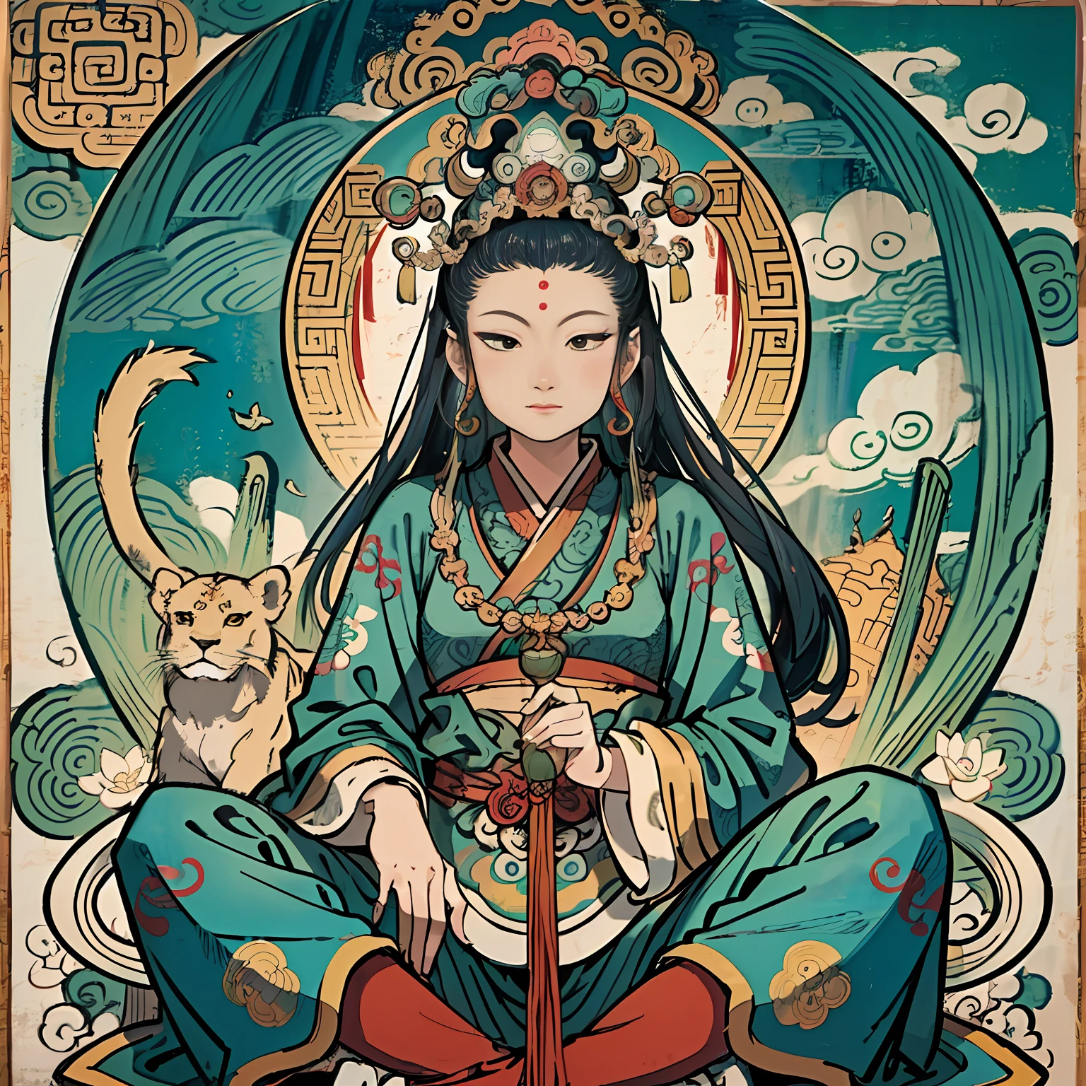 an ancient Chinese goddess, guanyin of the southern seas, Guanyin, Inspired by India, Avalokiteshvara rides a lion,,Serene expression,shui mo hua,Buddha,Buddhist,Lotus,Chinese painting style,Thangka style
