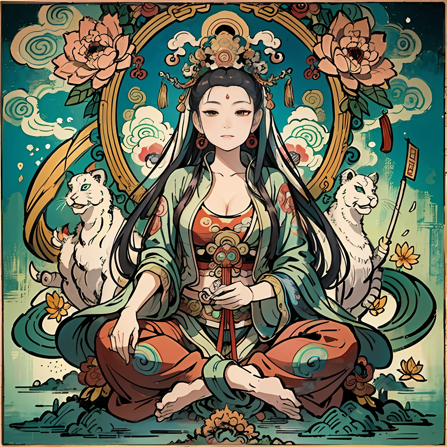 an ancient Chinese goddess, guanyin of the southern seas, Guanyin, Inspired by India, Avalokiteshvara rides a lion，,Serene expression,shui mo hua,Buddha,Buddhist,Lotus,Chinese painting style,Thangka style