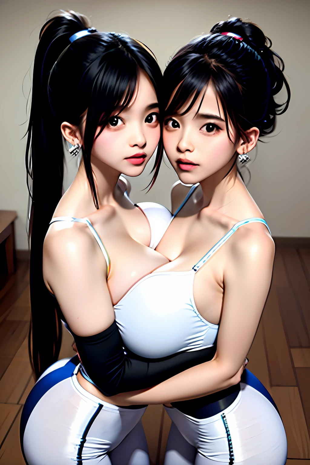 Two  girls hugging each other，Two teenage girls kisother on the lips，Ponytail braid，wearing camisole，Tight Yoga Pants，（Extremely huge super swollen breasts, Z-cup breasts.）