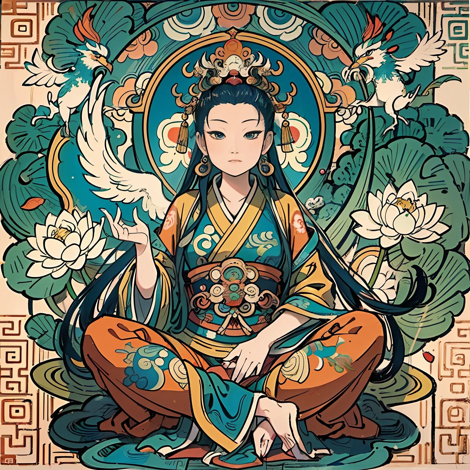 an ancient Chinese goddess, guanyin of the southern seas, Guanyin, Inspired by India, Avalokiteshvara rides a phoenix，,Serene expression,shui mo hua,Buddha,Buddhist,Lotus,Chinese painting style,Thangka style