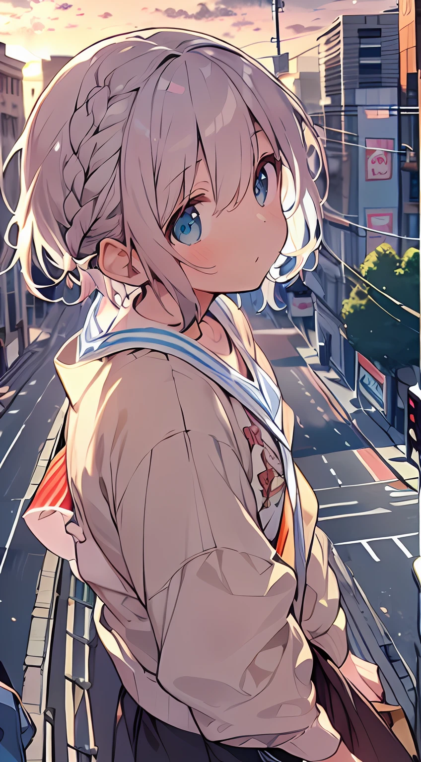 masutepiece, Best Quality,Illustration, Wallpaper, Ultra Detail, absurderes, 1loli, Solo, (Medium short hair、short braided hair), Beautiful detailed eyes , (Street), luminous sky,(a panoramic view:1.3),(Sense of depth:1.5)